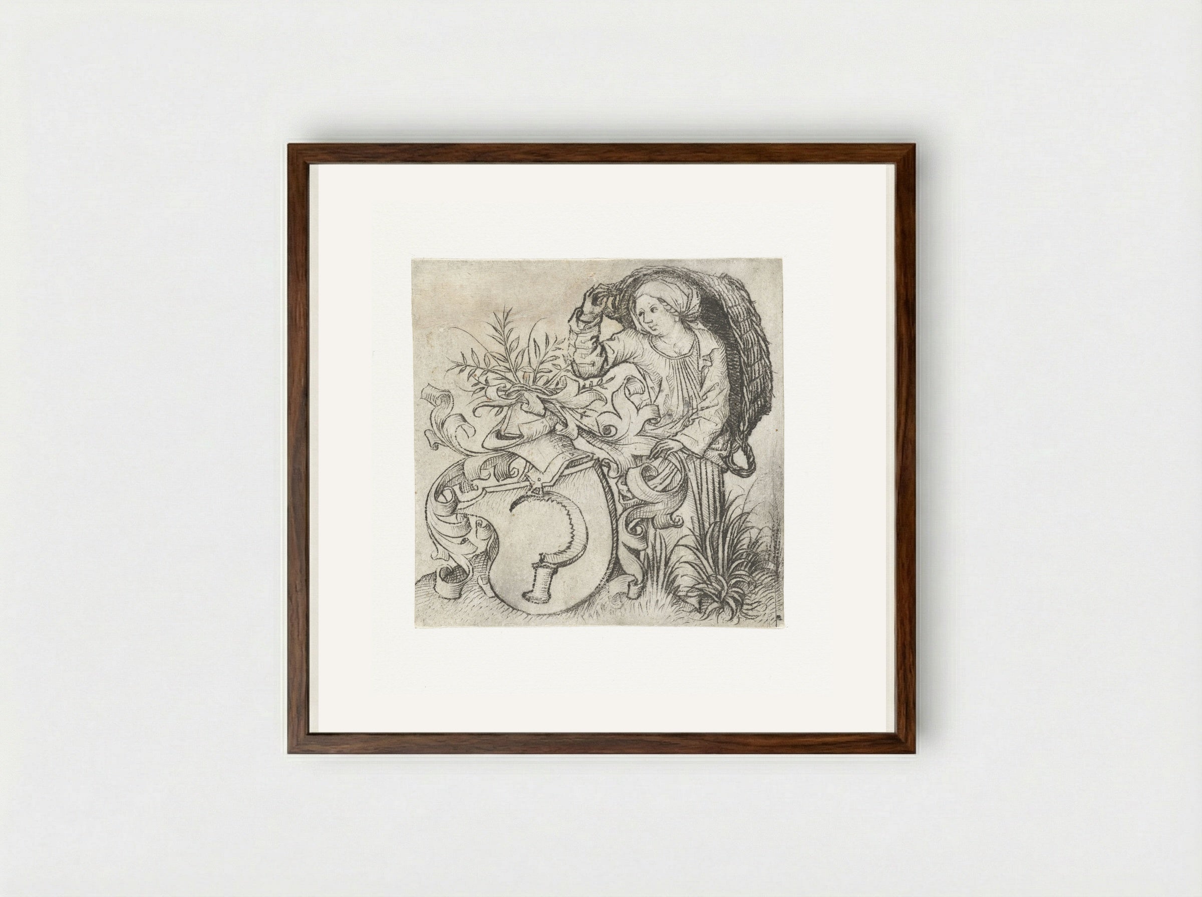 Peasant Woman with a Sickle on a Coat of Arms - Master of the Amsterdam Cabinet - Framed Print Dark Wood