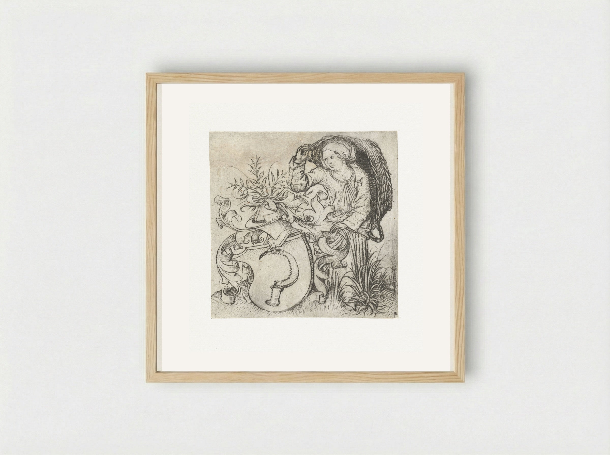 Peasant Woman with a Sickle on a Coat of Arms - Master of the Amsterdam Cabinet - Framed Print Wood