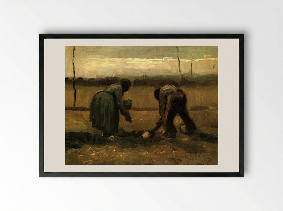 Peasant and Peasant Woman Planting Potatoes - Vincent van Gogh - Framed Print Black