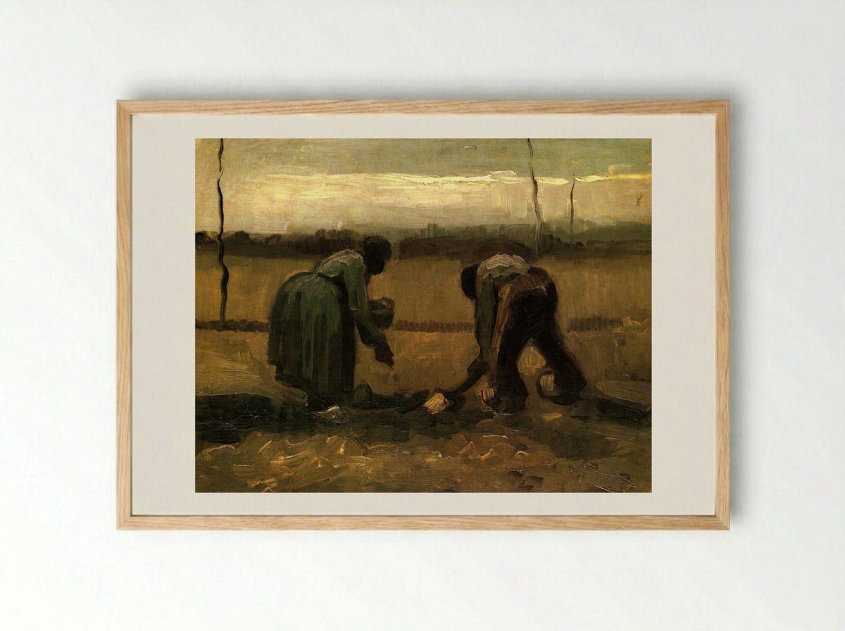 Peasant and Peasant Woman Planting Potatoes - Vincent van Gogh - Framed Print Wood
