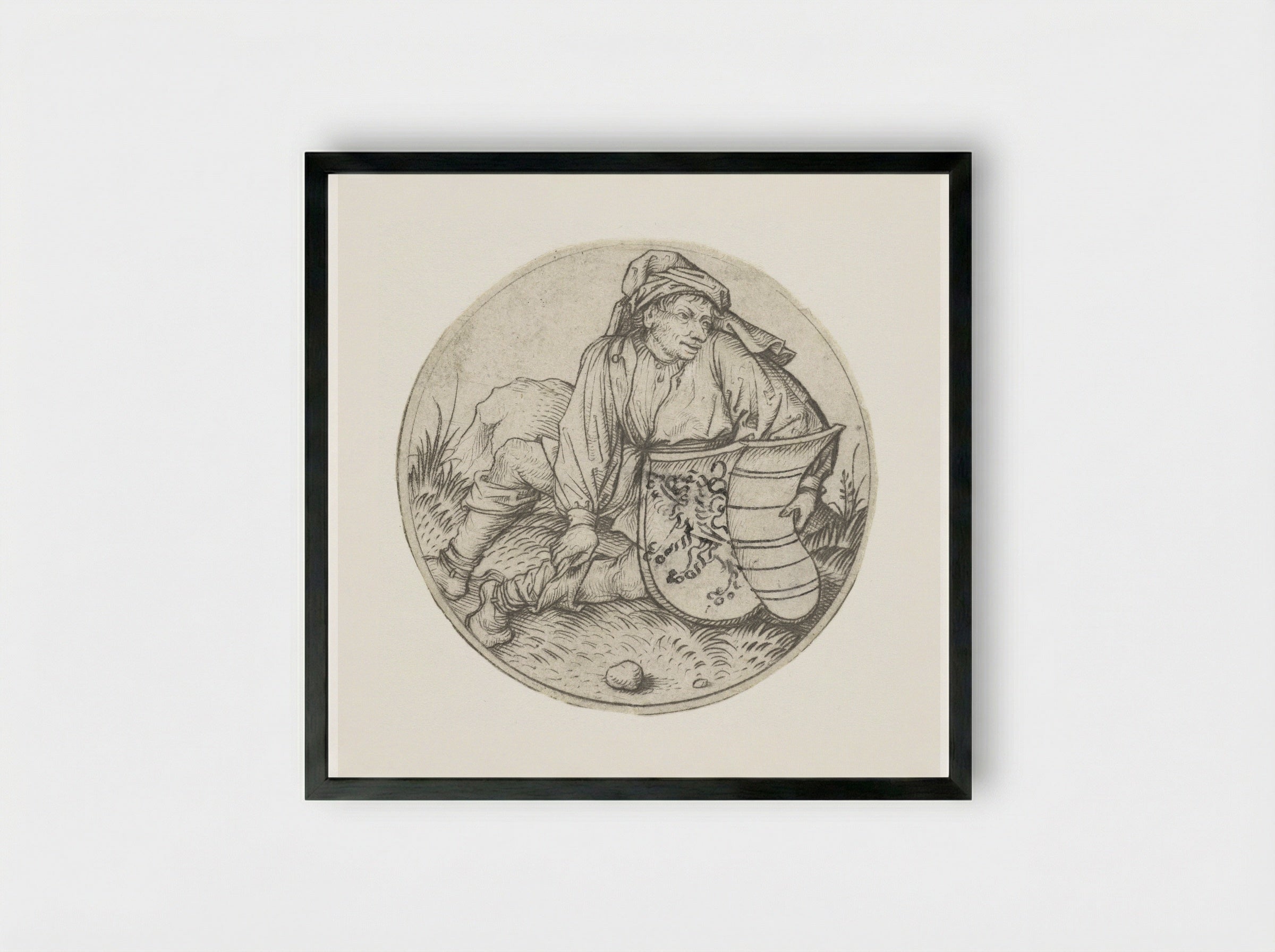 Peasant with a Blank Coat of Arms - Master of the Amsterdam Cabinet - Framed Print Black