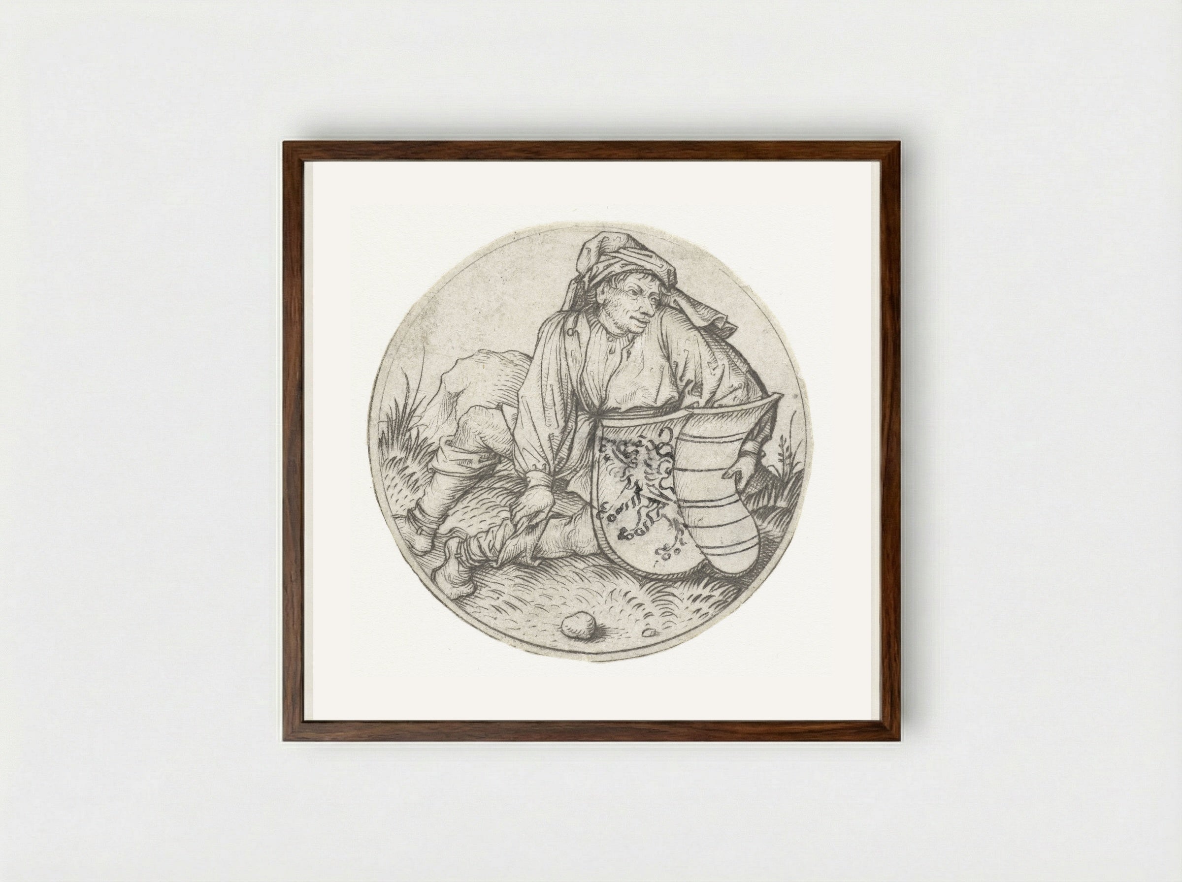 Peasant with a Blank Coat of Arms - Master of the Amsterdam Cabinet - Framed Print Dark Wood