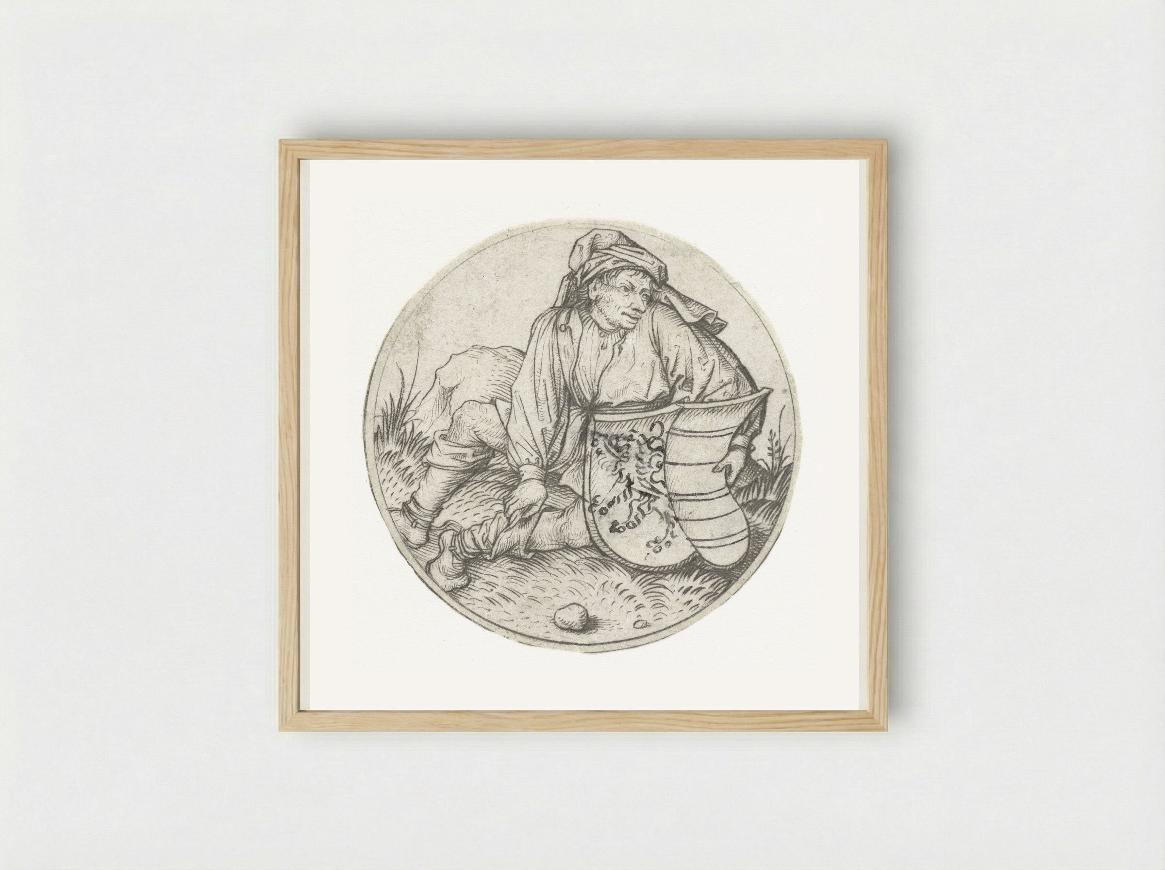 Peasant with a Blank Coat of Arms - Master of the Amsterdam Cabinet - Framed Print Wood