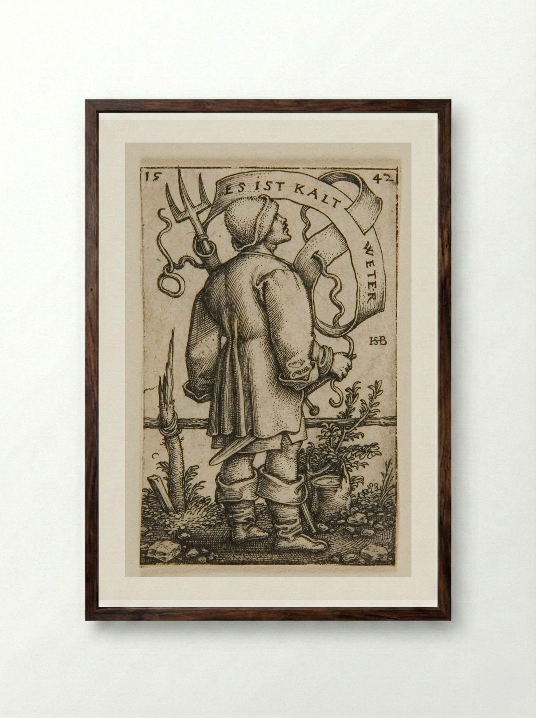 Peasant with a Fork (Cold Weather) - Sebald Beham - Framed Print Dark Wood