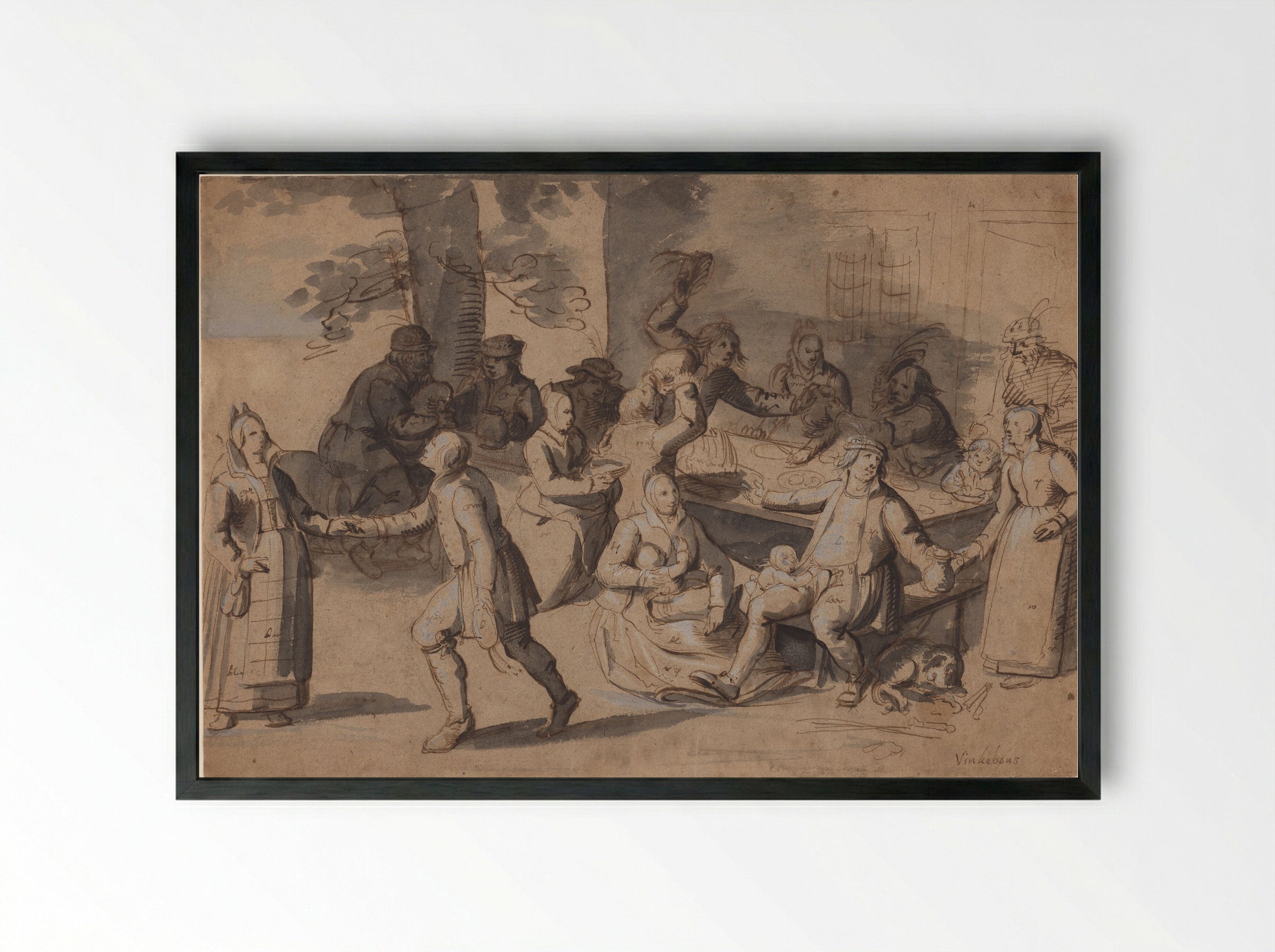 Peasants Feasting at an Outdoor Table - David Vinckboons - Framed Print Black