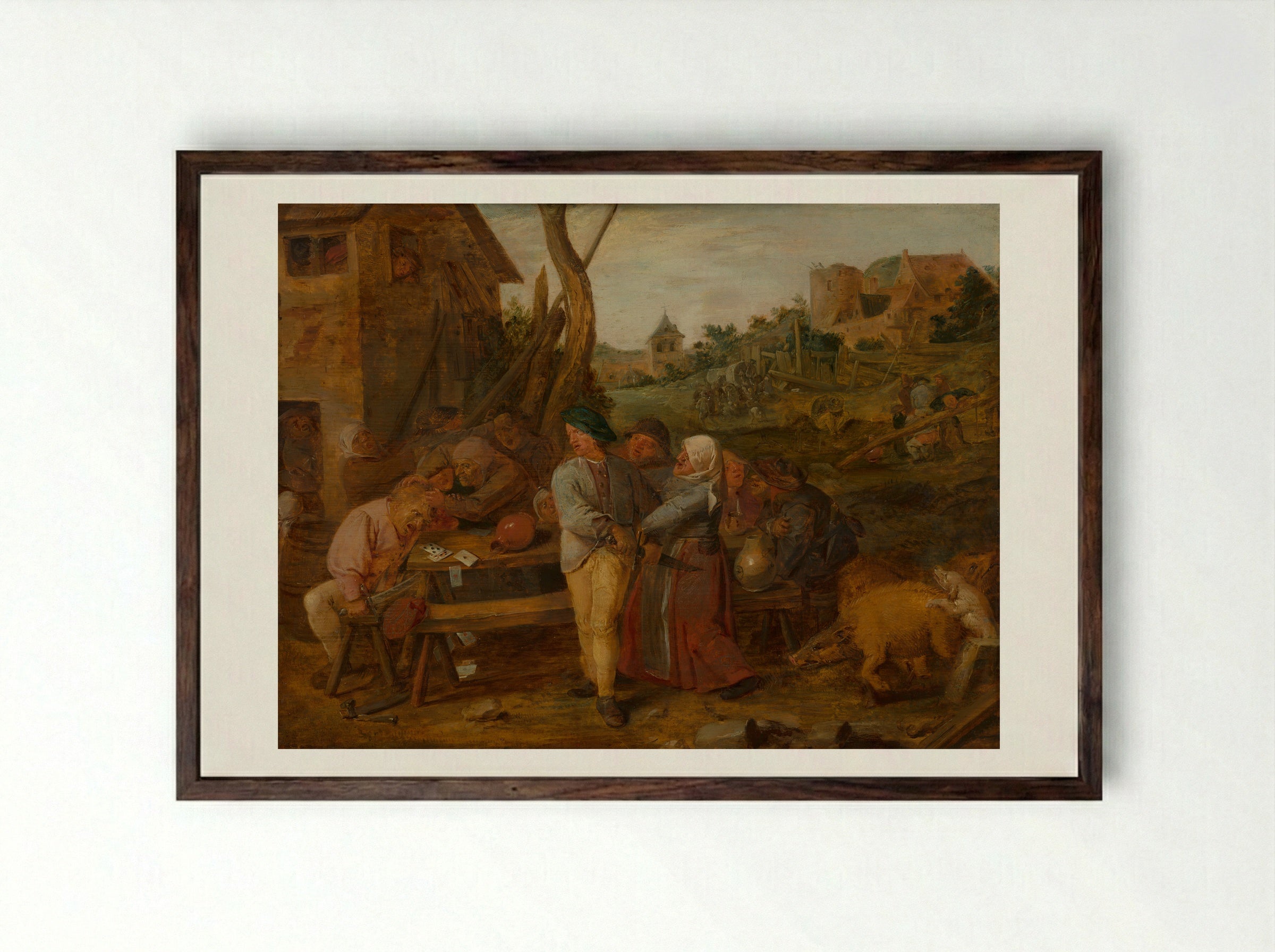 Peasants Fighting - Adriaen Brouwer - Framed Print Dark Wood