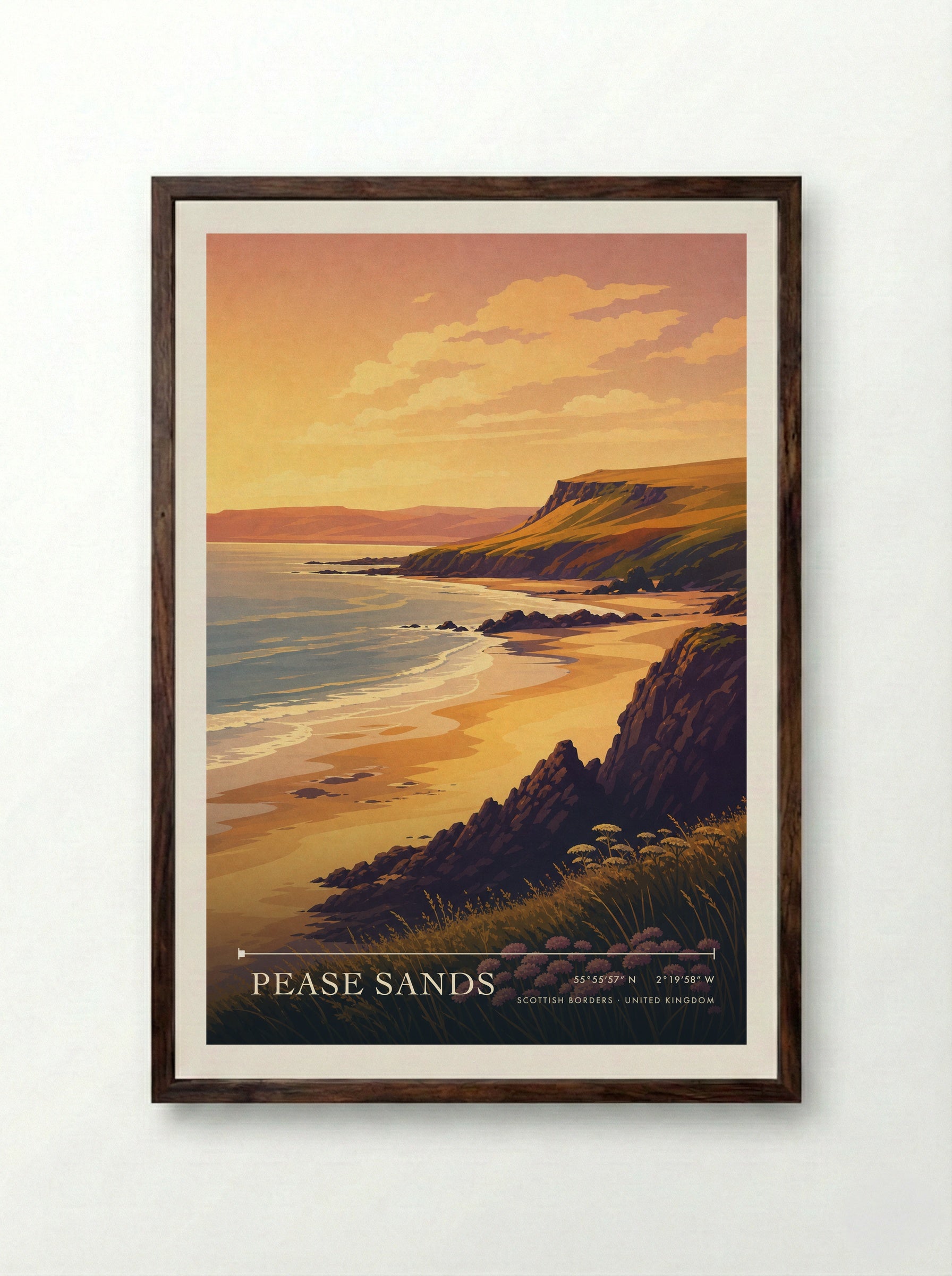 Pease Sands Scottish Borders United Kingdom Travel Poster - Framed Print Dark Wood