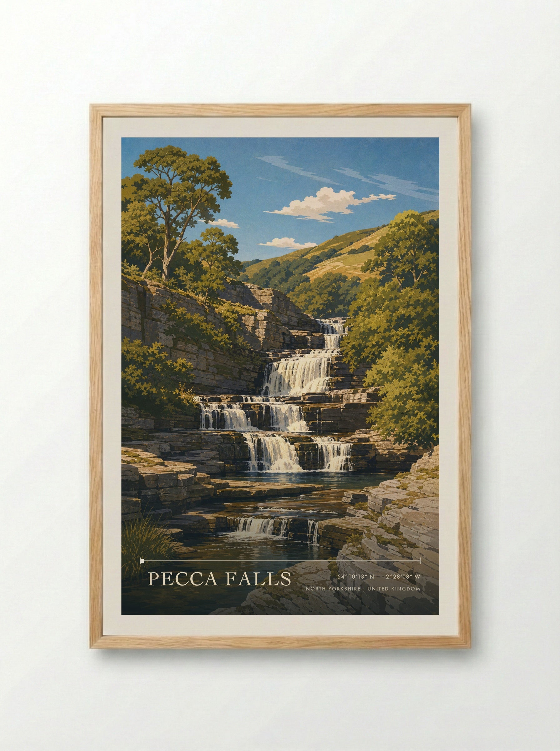 Pecca Falls North Yorkshire United Kingdom Travel Poster - Framed Print Wood