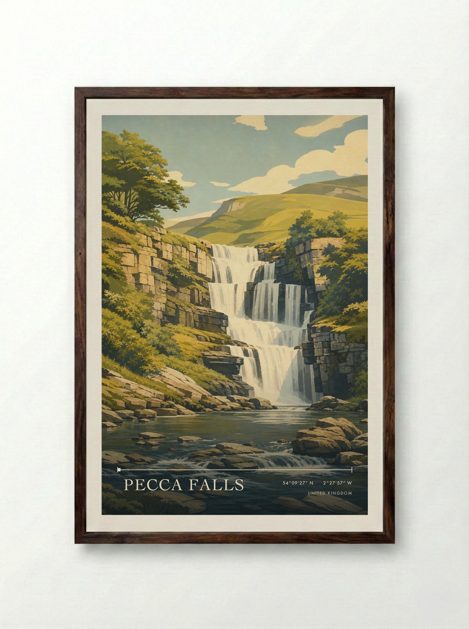 Pecca Falls United Kingdom Travel Poster - Framed Print Dark Wood