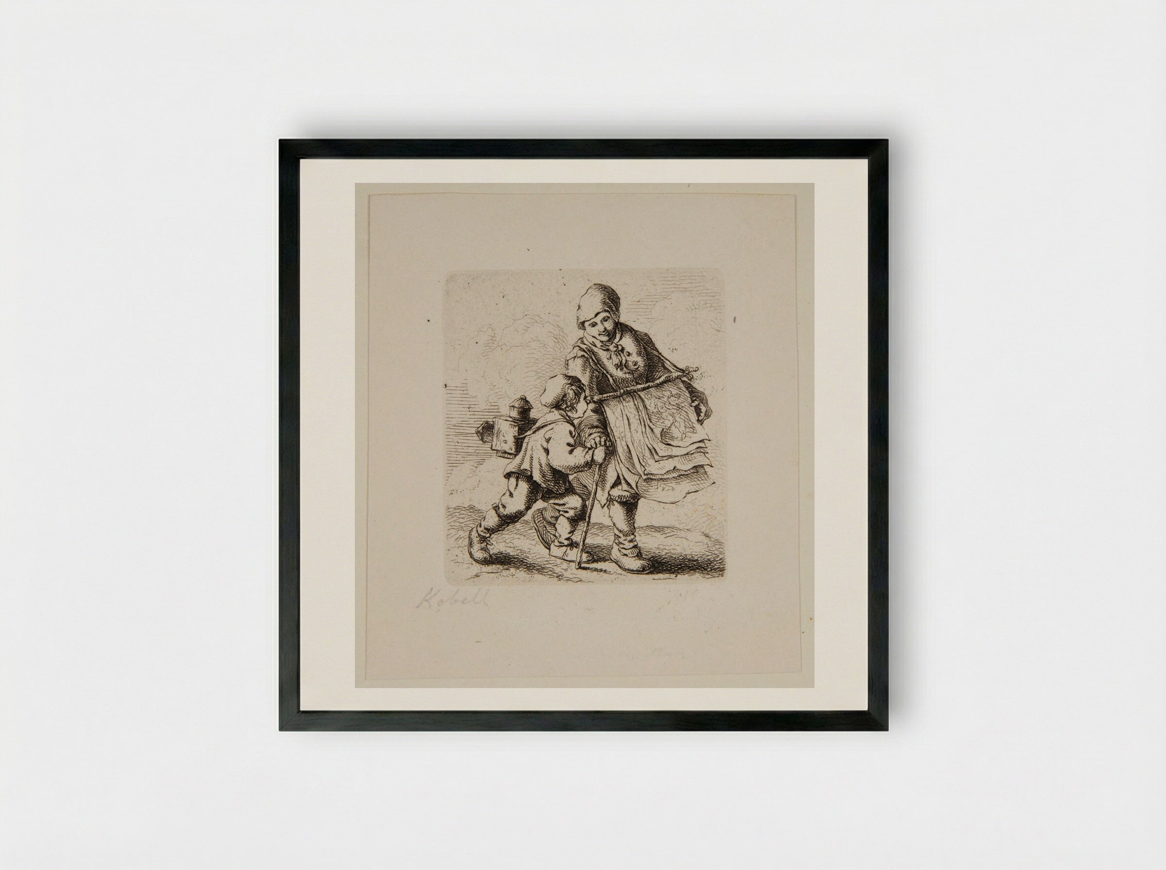 Peddler and a Boy with a Magic-Lantern - Ferdinand Kobell - Framed Print Black