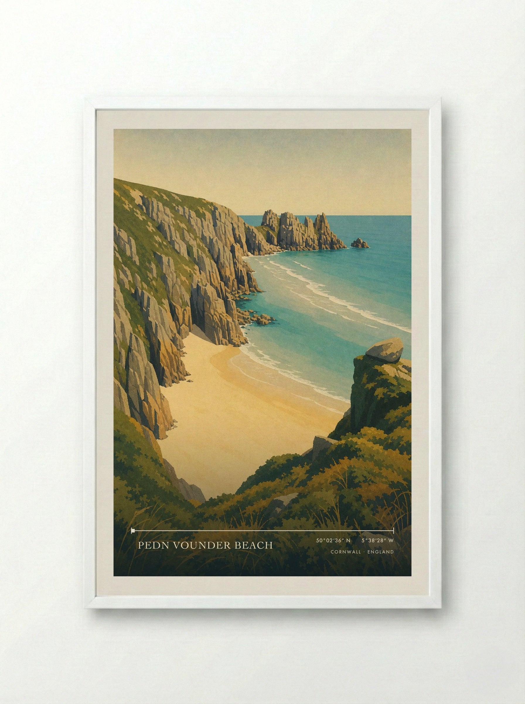 Pedn Vounder Beach Cornwall England Travel Poster - Framed Print White