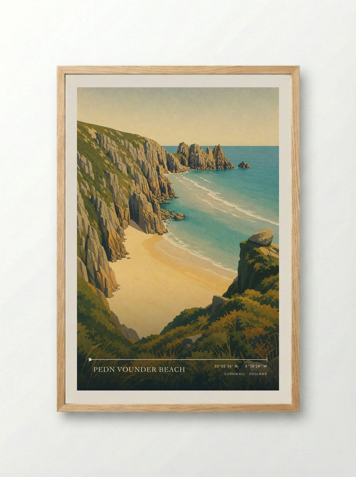 Pedn Vounder Beach Cornwall England Travel Poster - Framed Print Wood