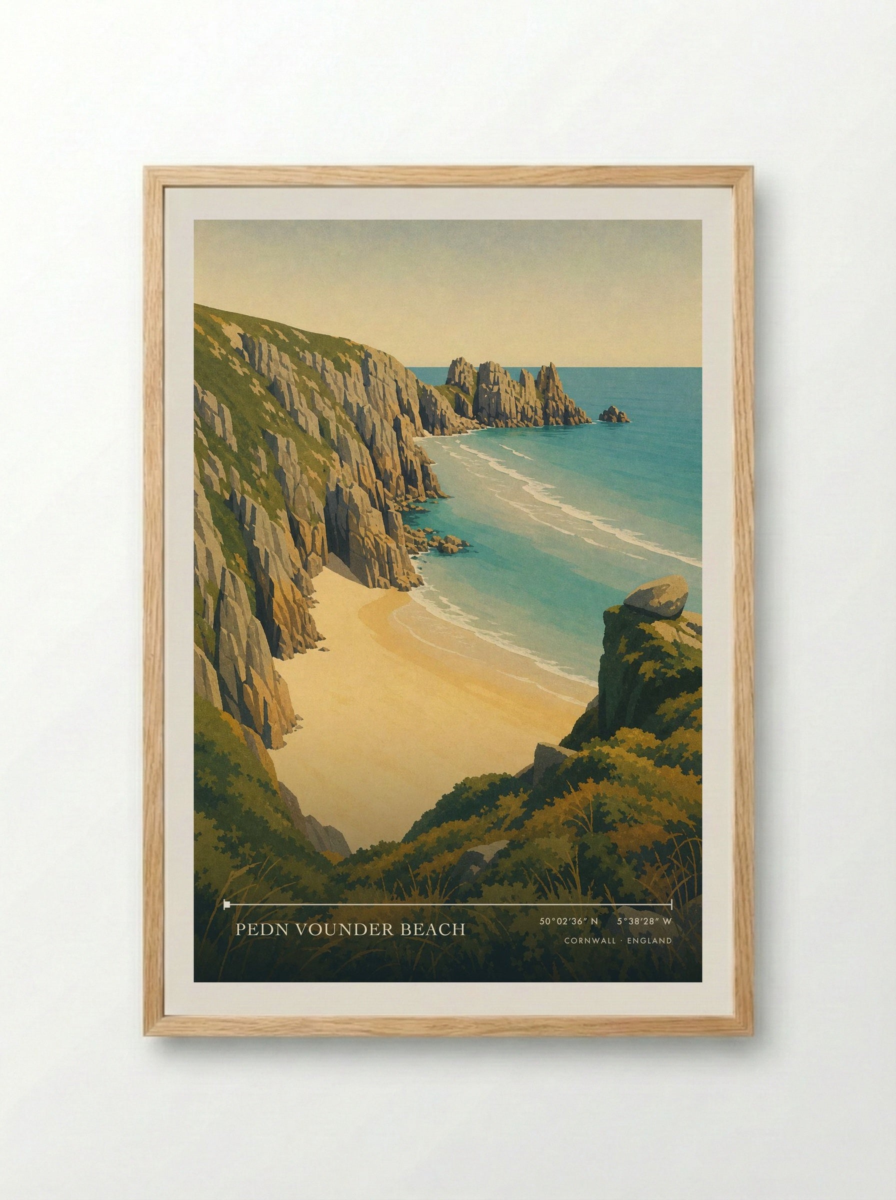 Pedn Vounder Beach Cornwall England Travel Poster - Framed Print Wood