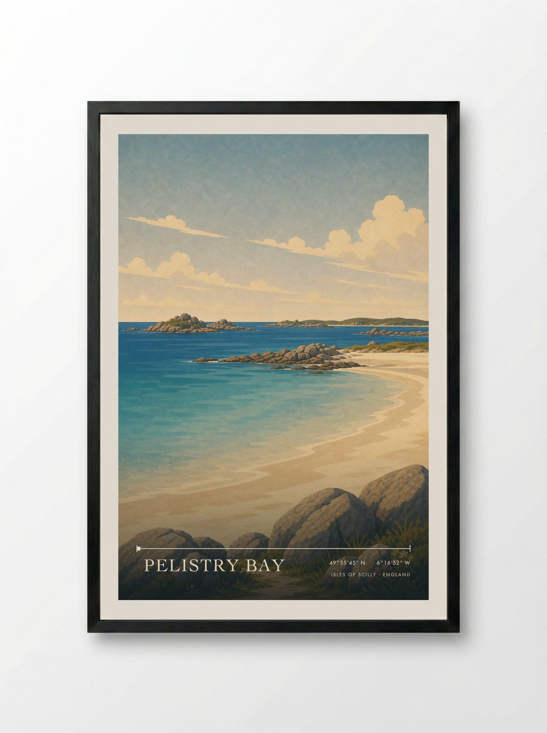 Pelistry Bay Isles of Scilly England Travel Poster - Framed Print Black
