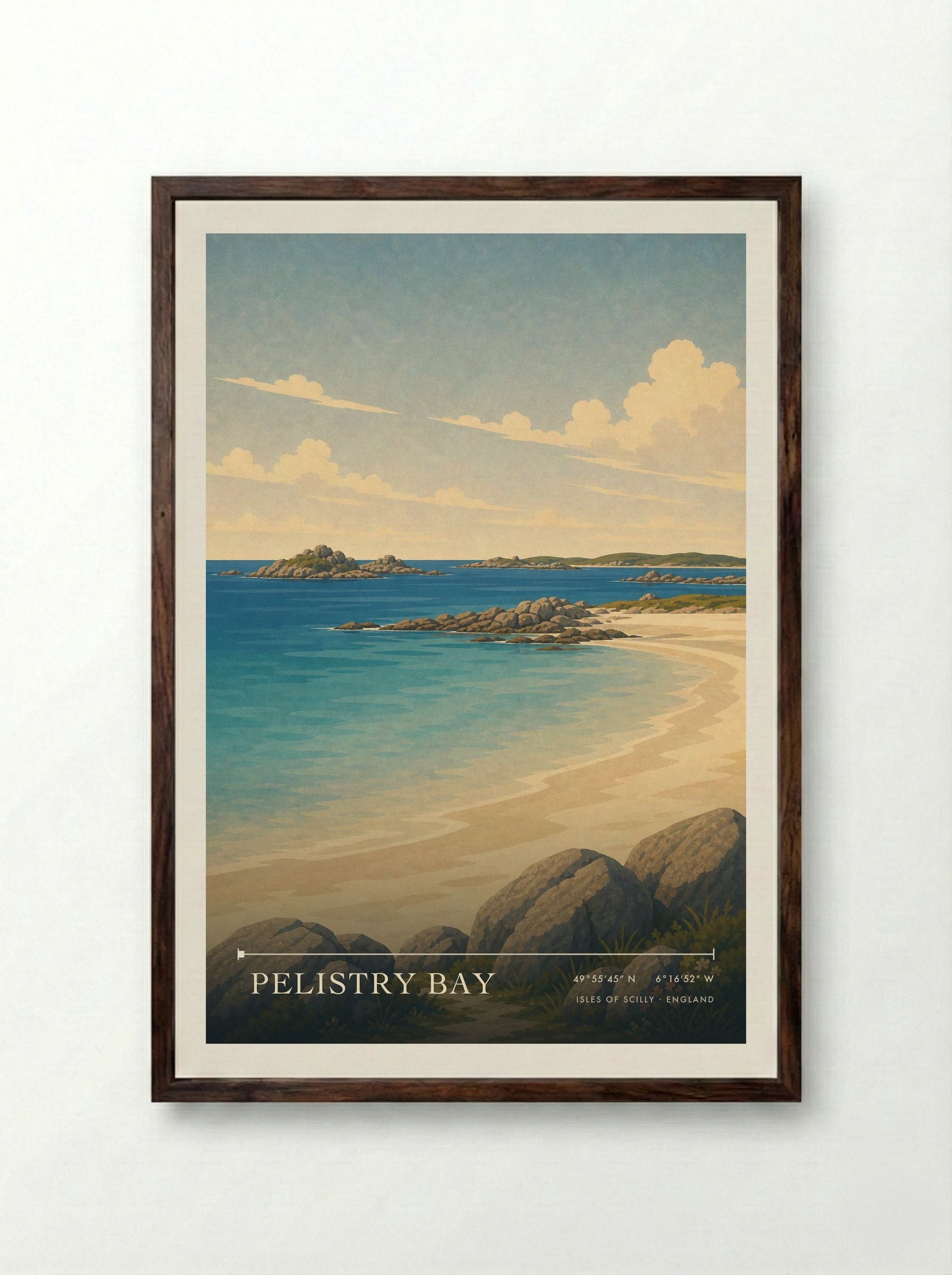 Pelistry Bay Isles of Scilly England Travel Poster - Framed Print Dark Wood