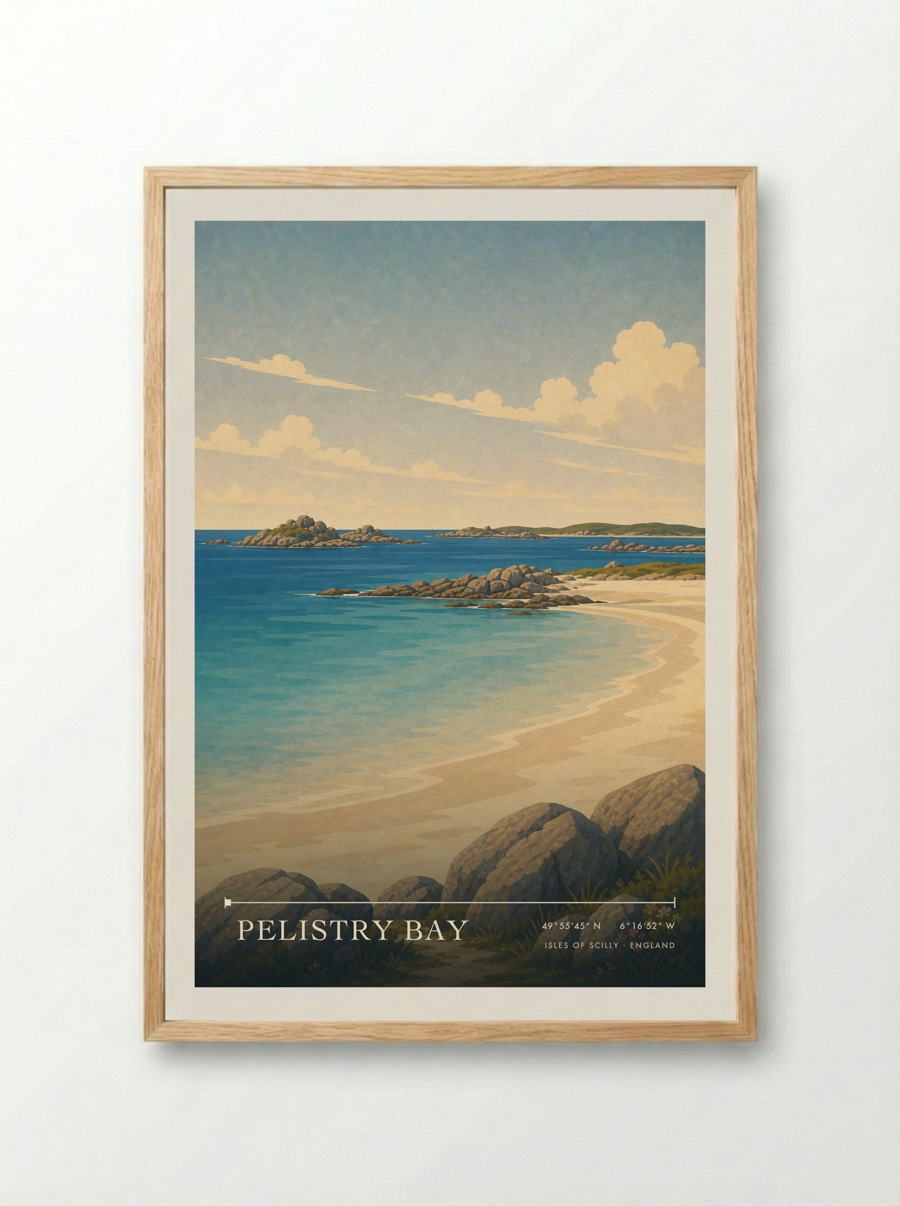 Pelistry Bay Isles of Scilly England Travel Poster - Framed Print Wood