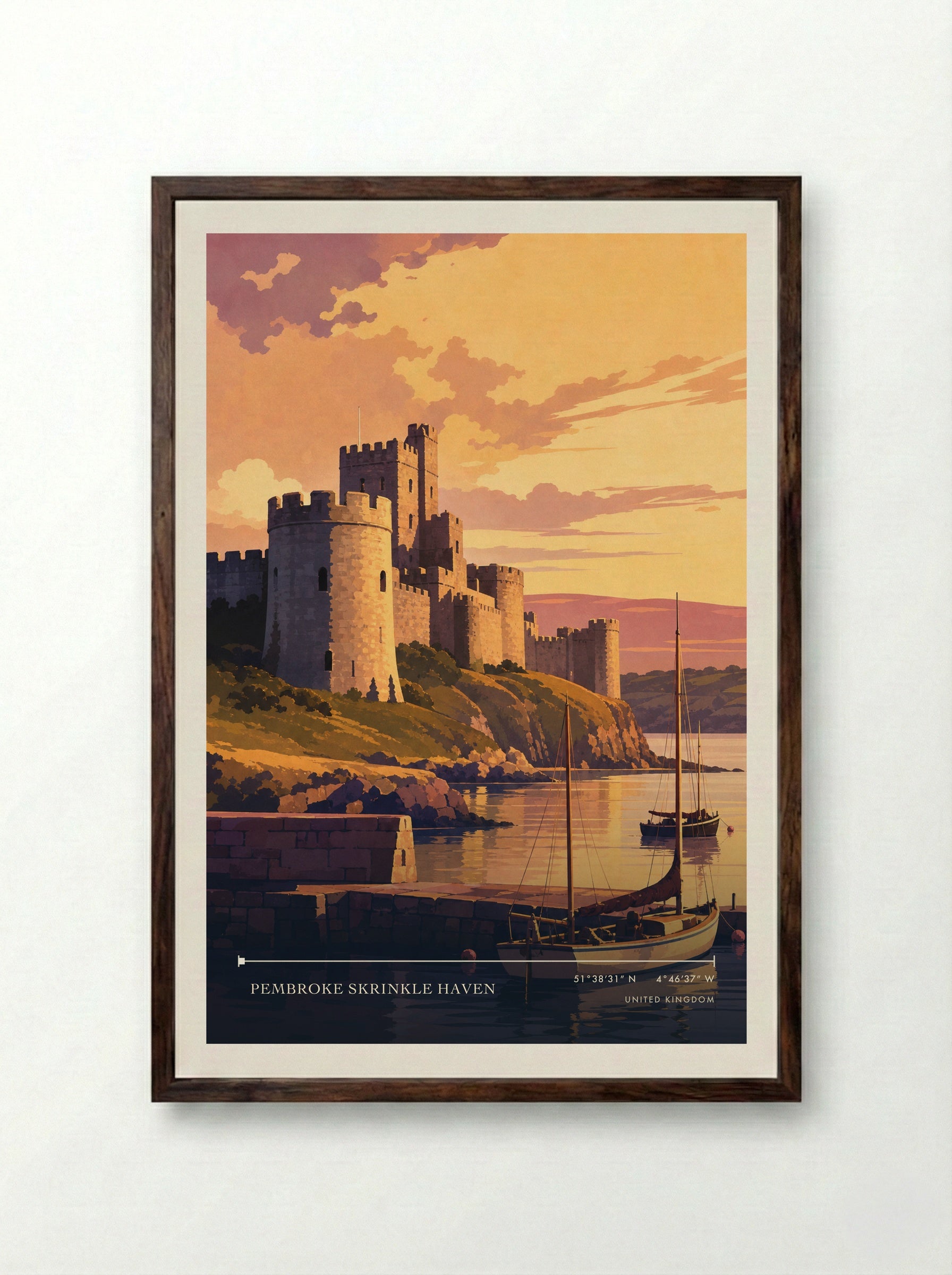 Pembroke Skrinkle Haven United Kingdom Travel Poster - Framed Print Dark Wood