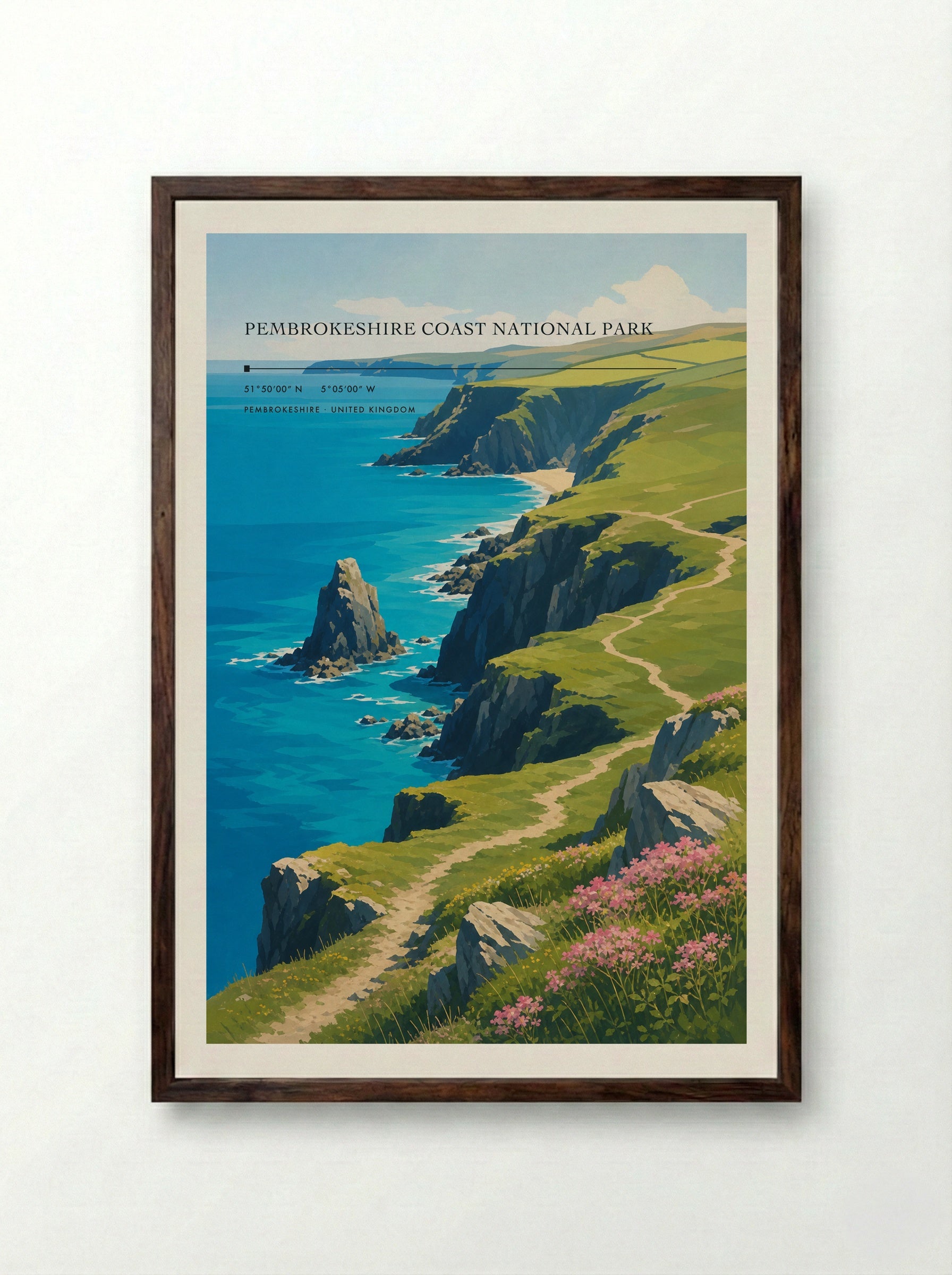 Pembrokeshire Coast National Park United Kingdom Travel Poster - Framed Print Dark Wood