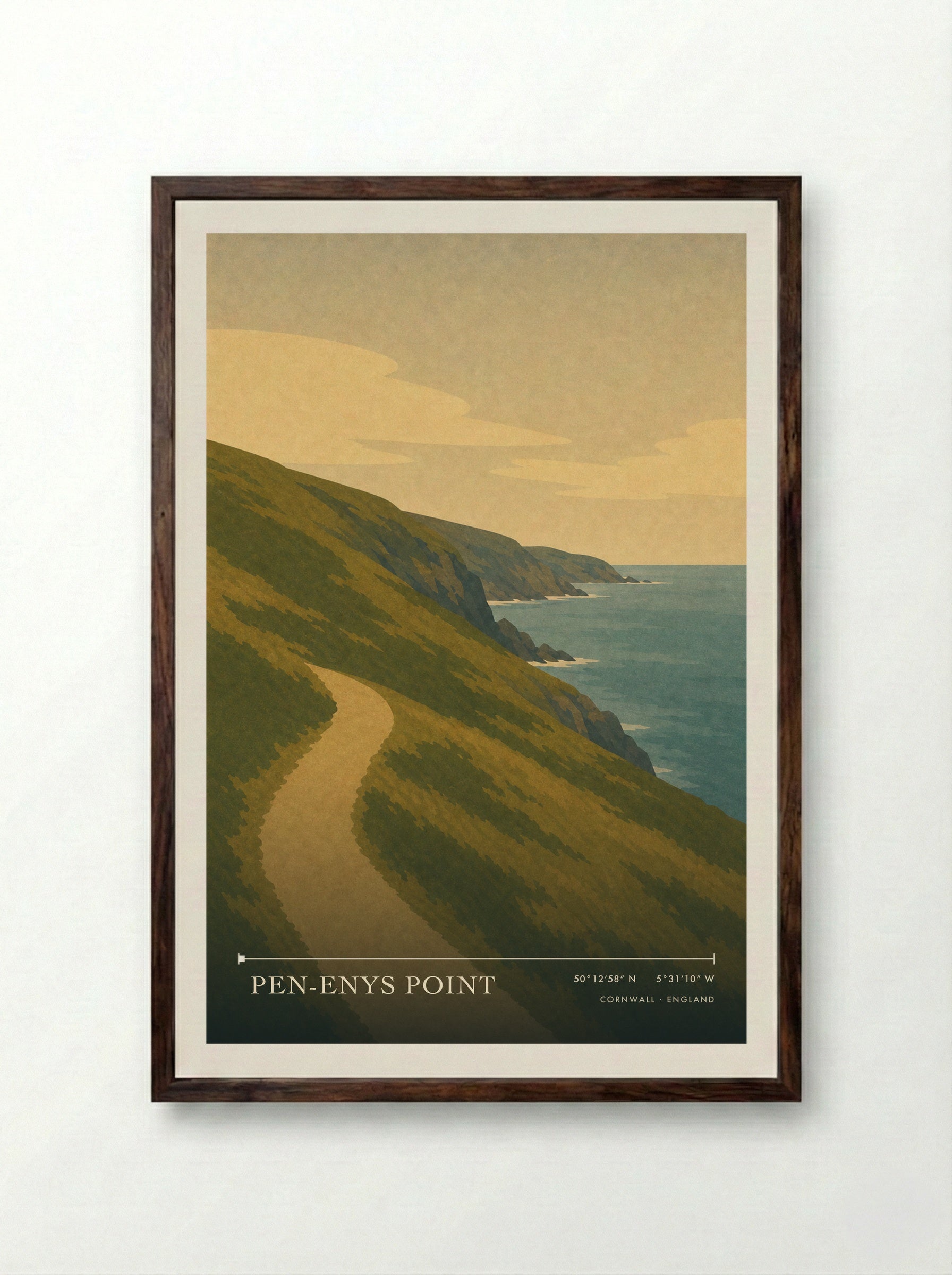 Pen-Enys Point Cornwall England Travel Poster - Framed Print Dark Wood
