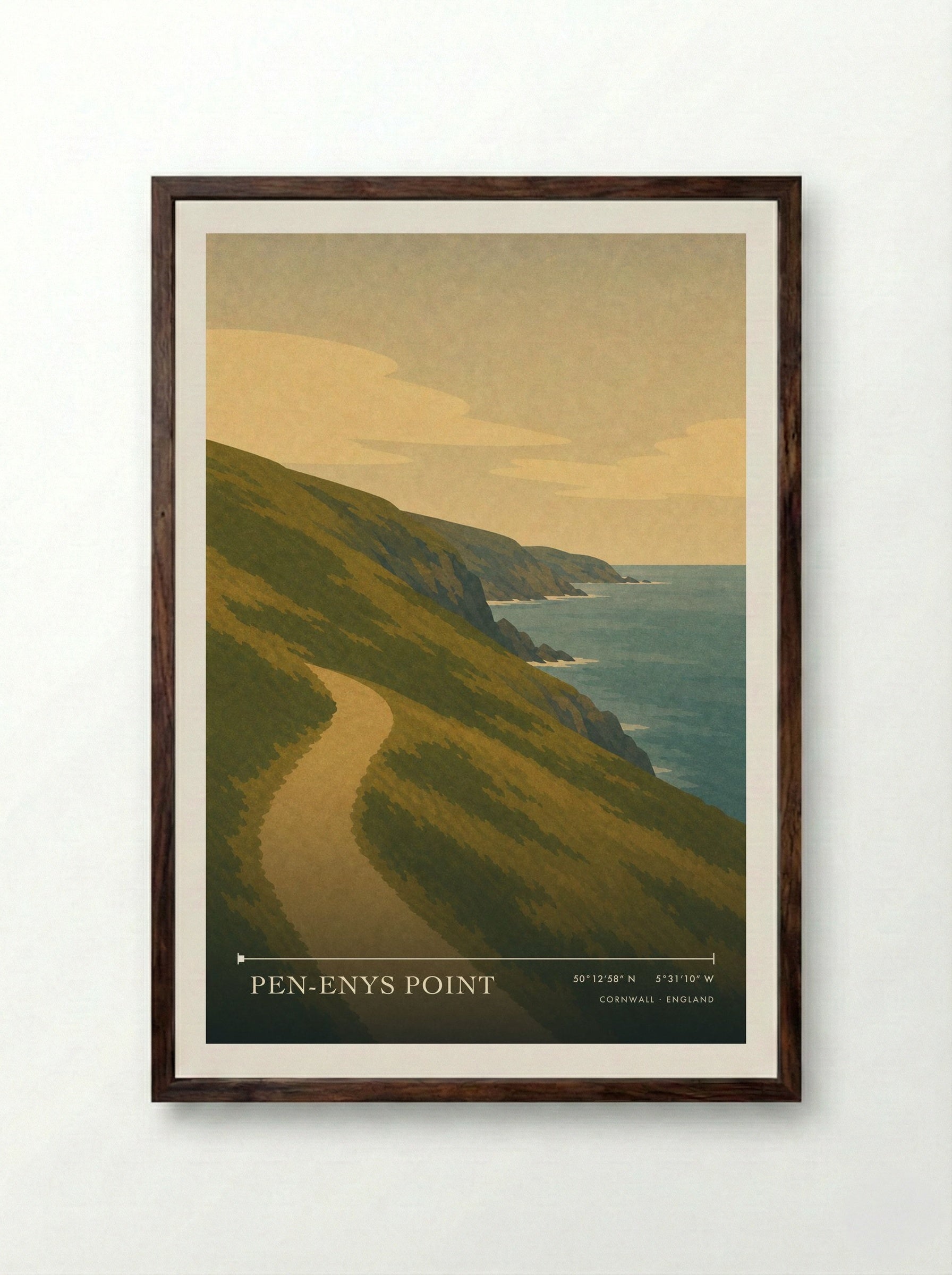 Pen-Enys Point Cornwall England Travel Poster - Framed Print Dark Wood