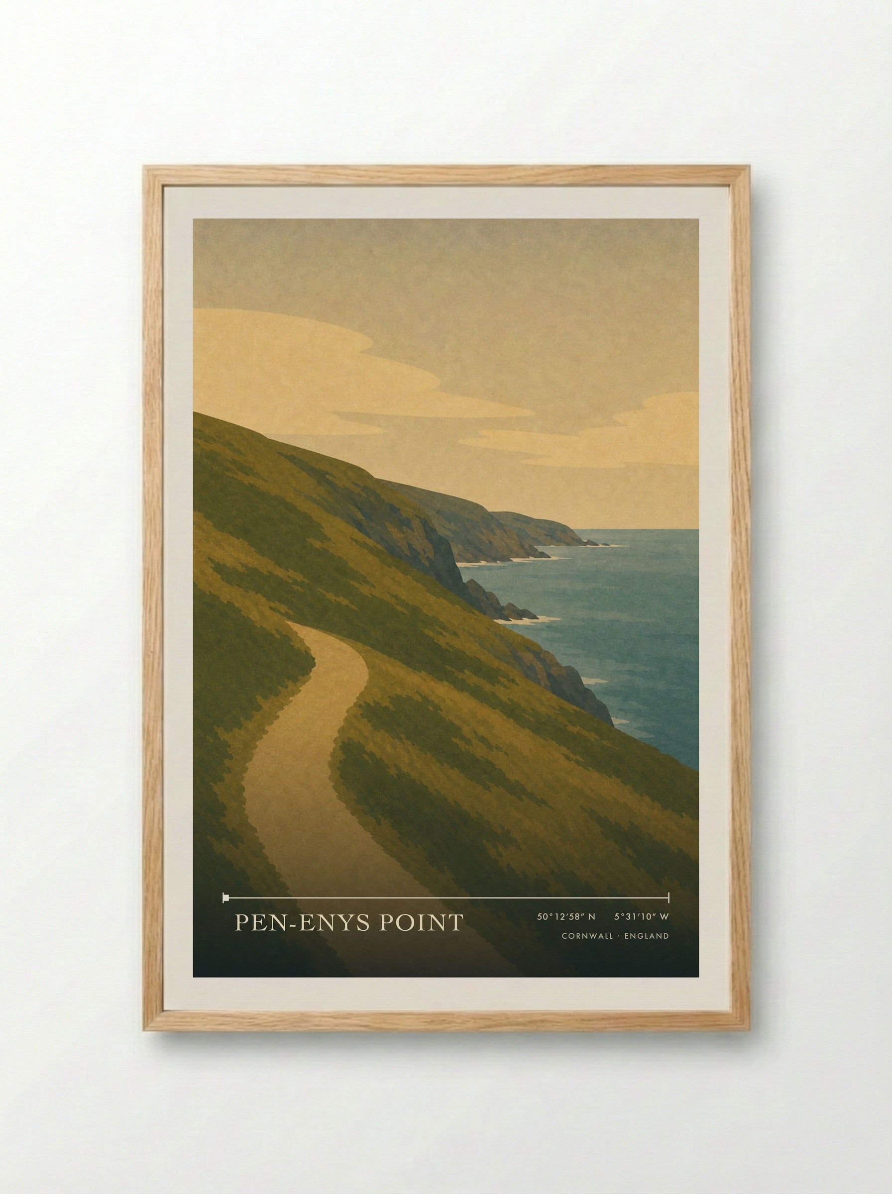 Pen-Enys Point Cornwall England Travel Poster - Framed Print Wood