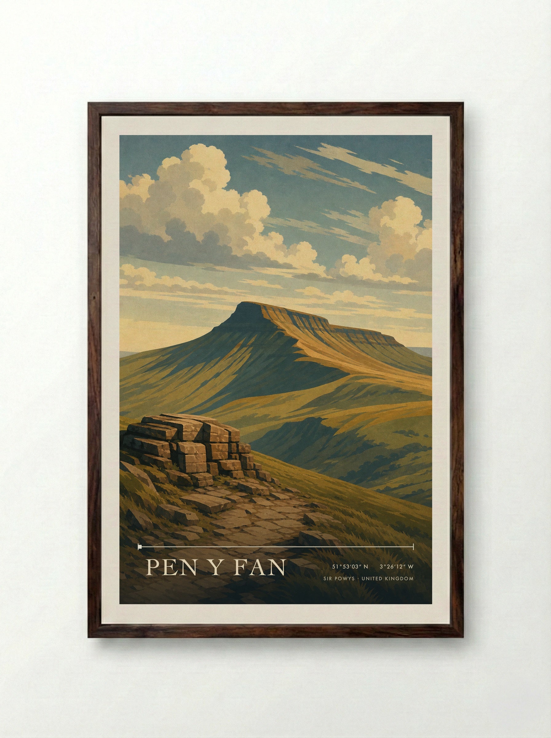 Pen y Fan Sir Powys United Kingdom Travel Poster - Framed Print Dark Wood