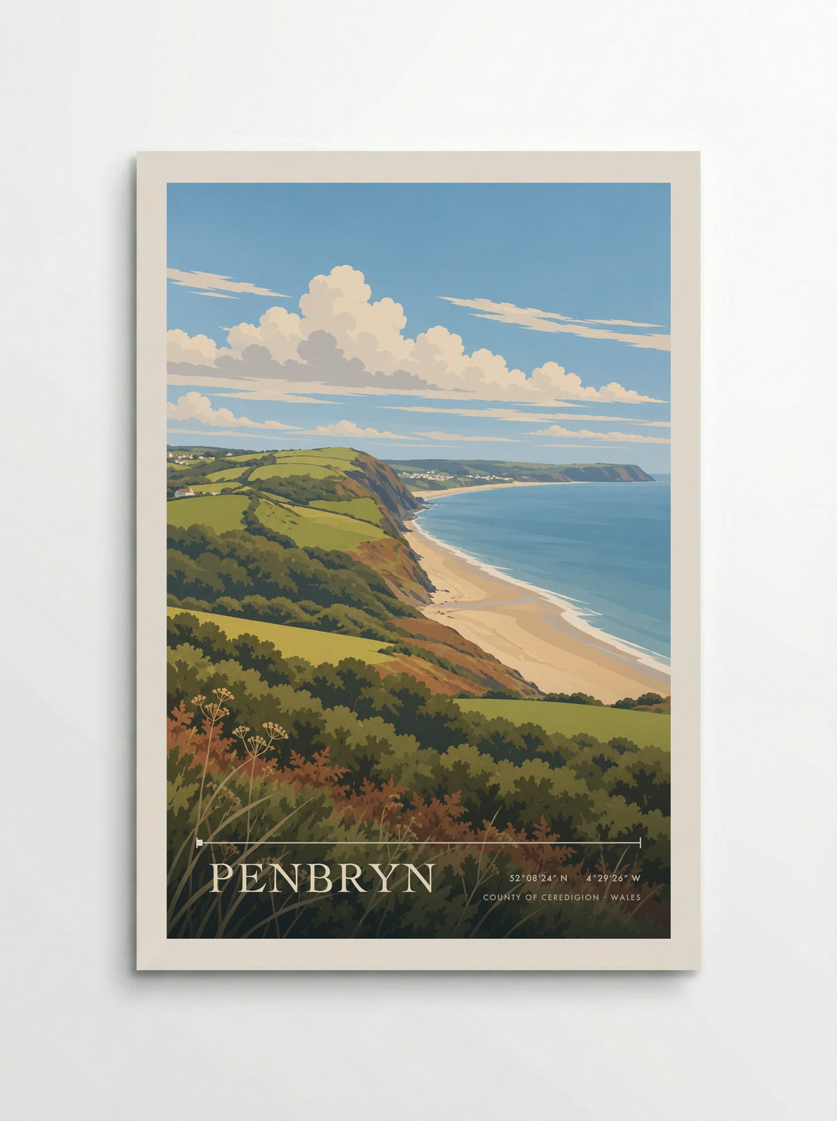 Penbryn, County of Ceredigion travel poster: pale sand, white surf and blue sea beyond warm bracken and late-summer seed heads