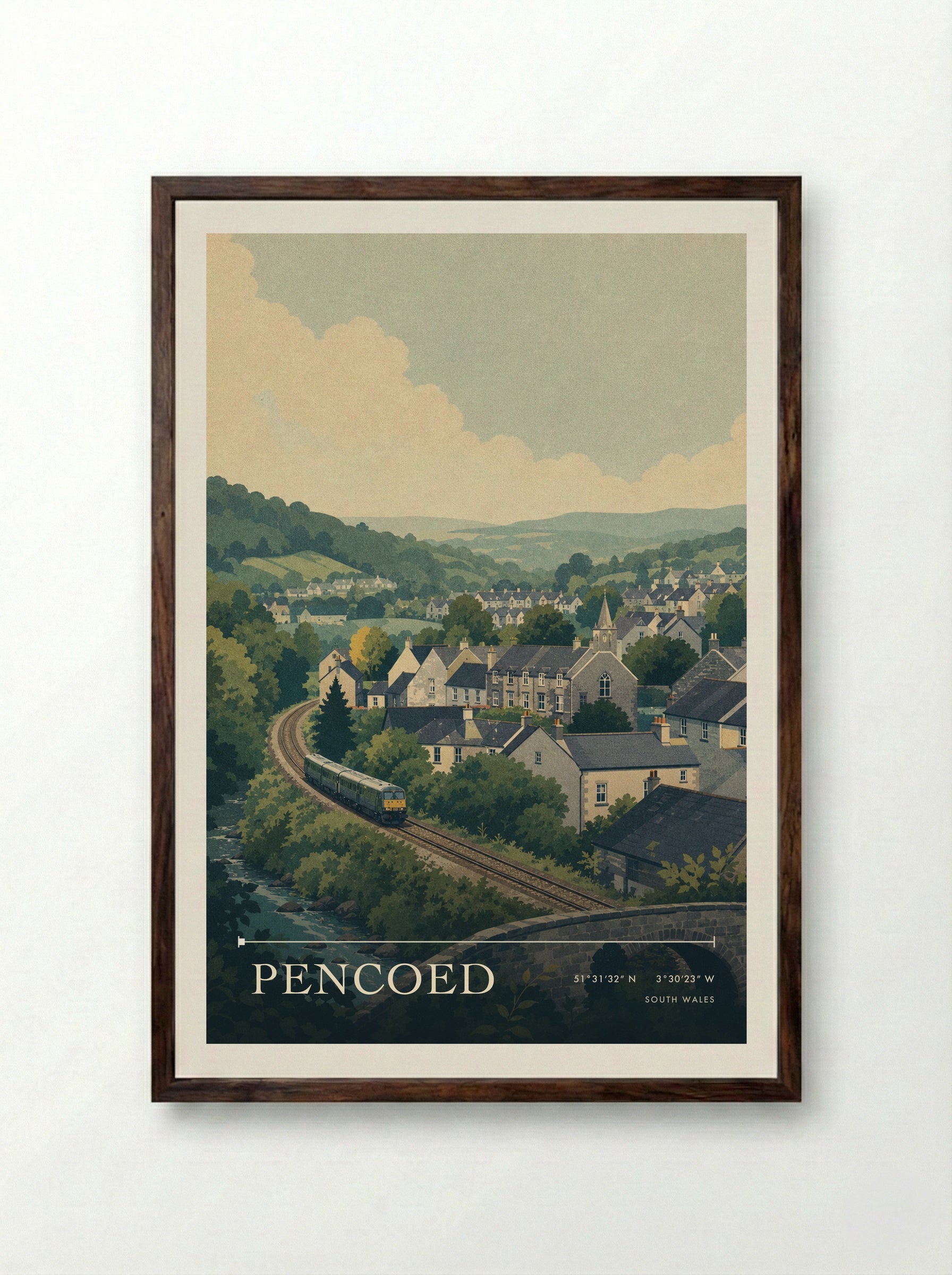 Pencoed South Wales Wales Travel Poster - Framed Print Dark Wood