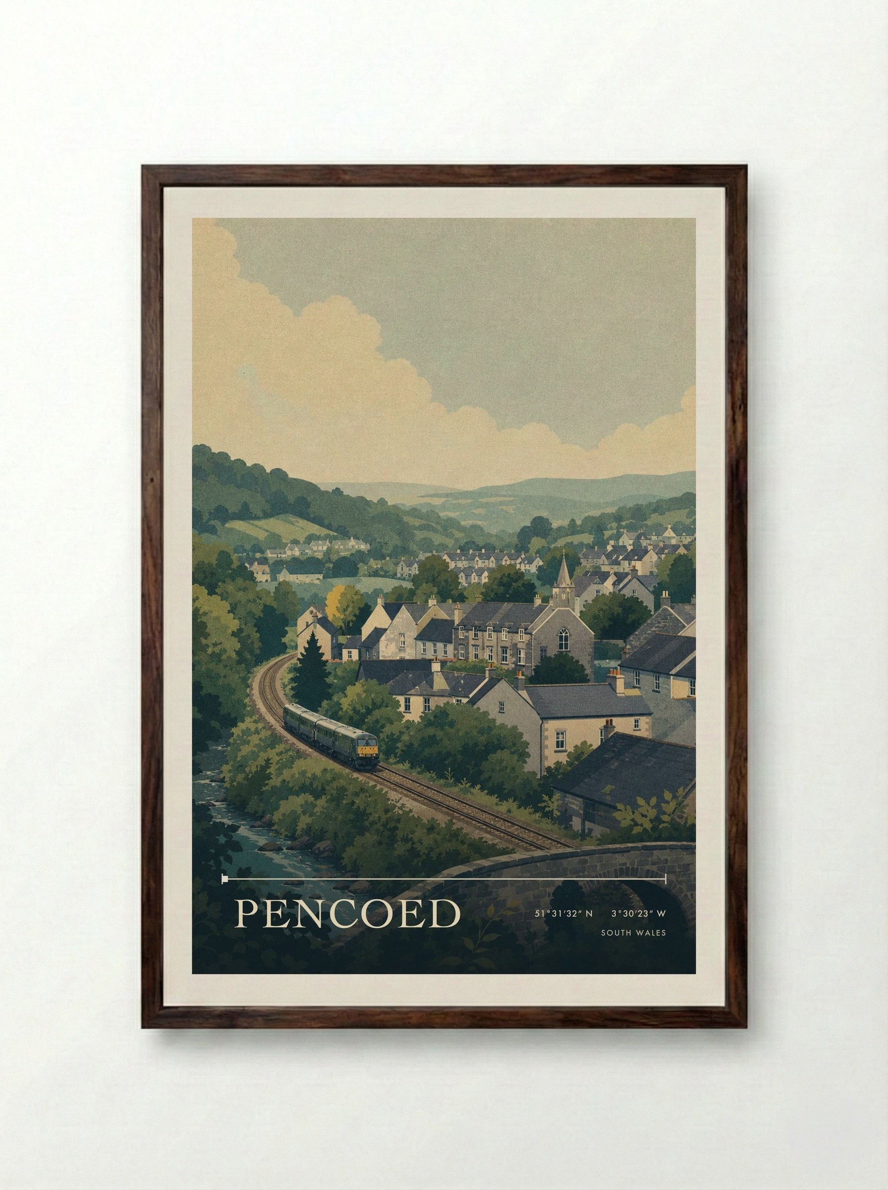 Pencoed South Wales Wales Travel Poster - Framed Print Dark Wood