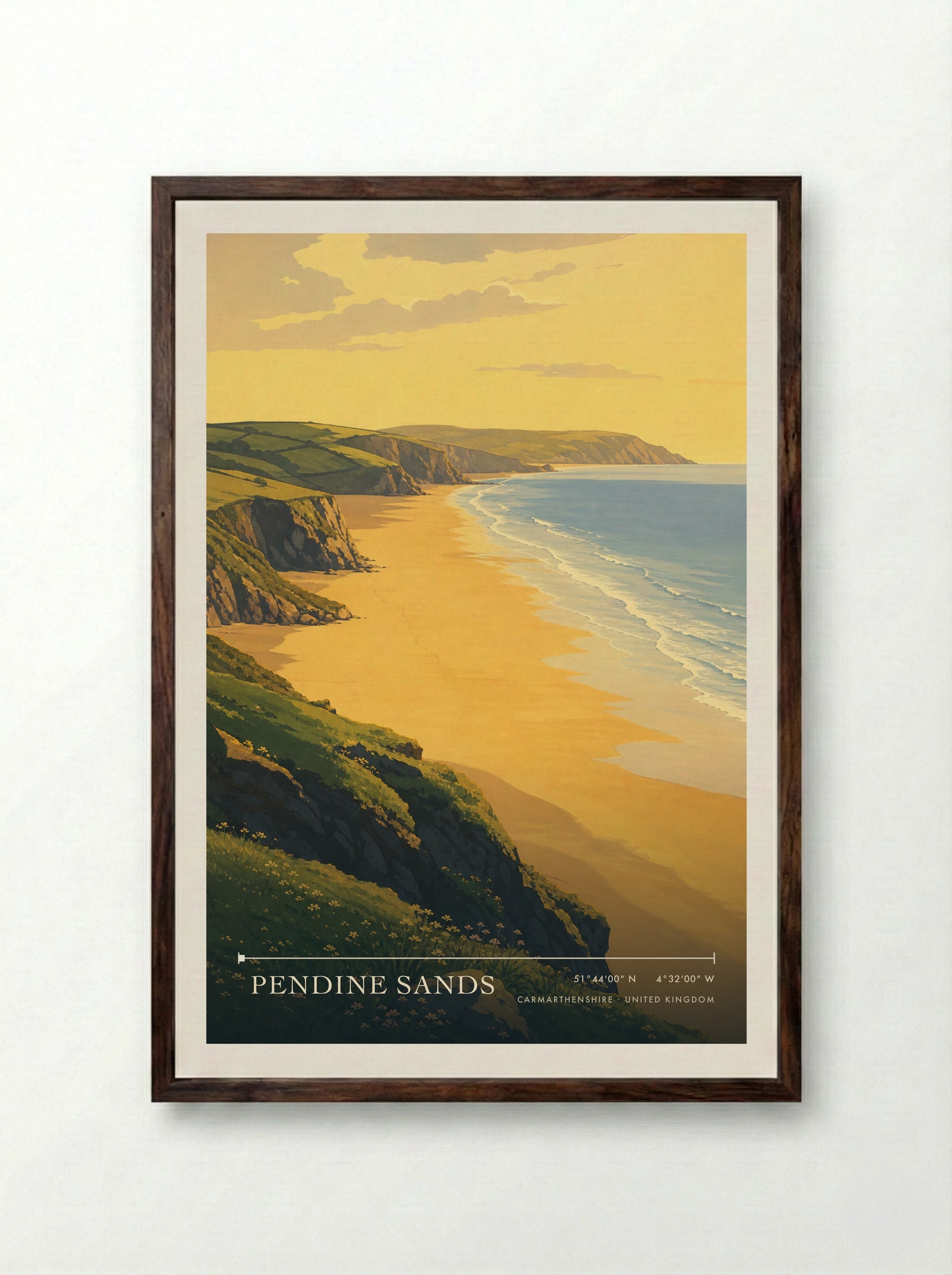 Pendine Sands Carmarthenshire United Kingdom Travel Poster - Framed Print Dark Wood