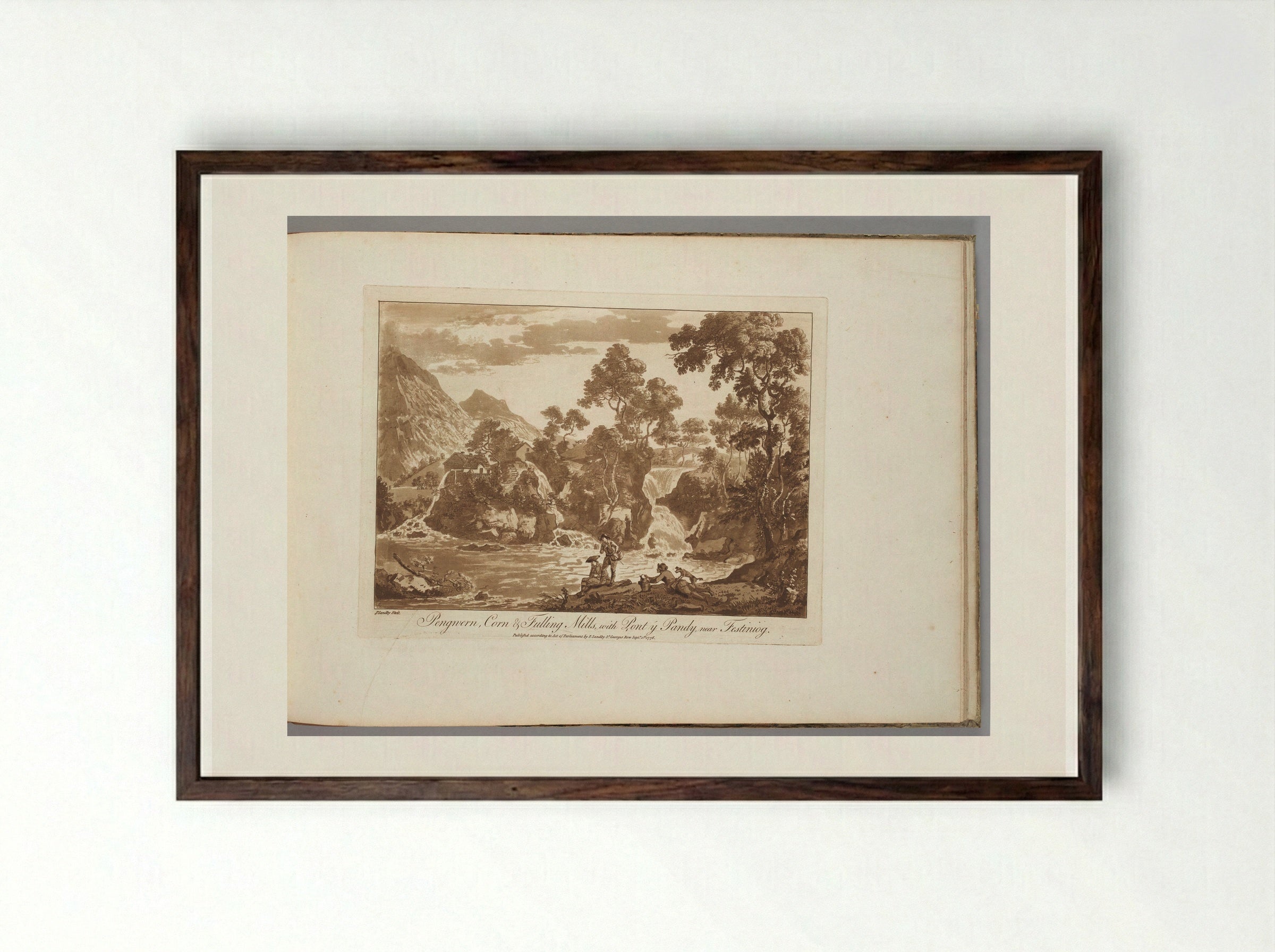 Pengwern, Corn & Fulling Mills, with Pont y Pandy, near Festiniog - Paul Sandby - Framed Print Dark Wood