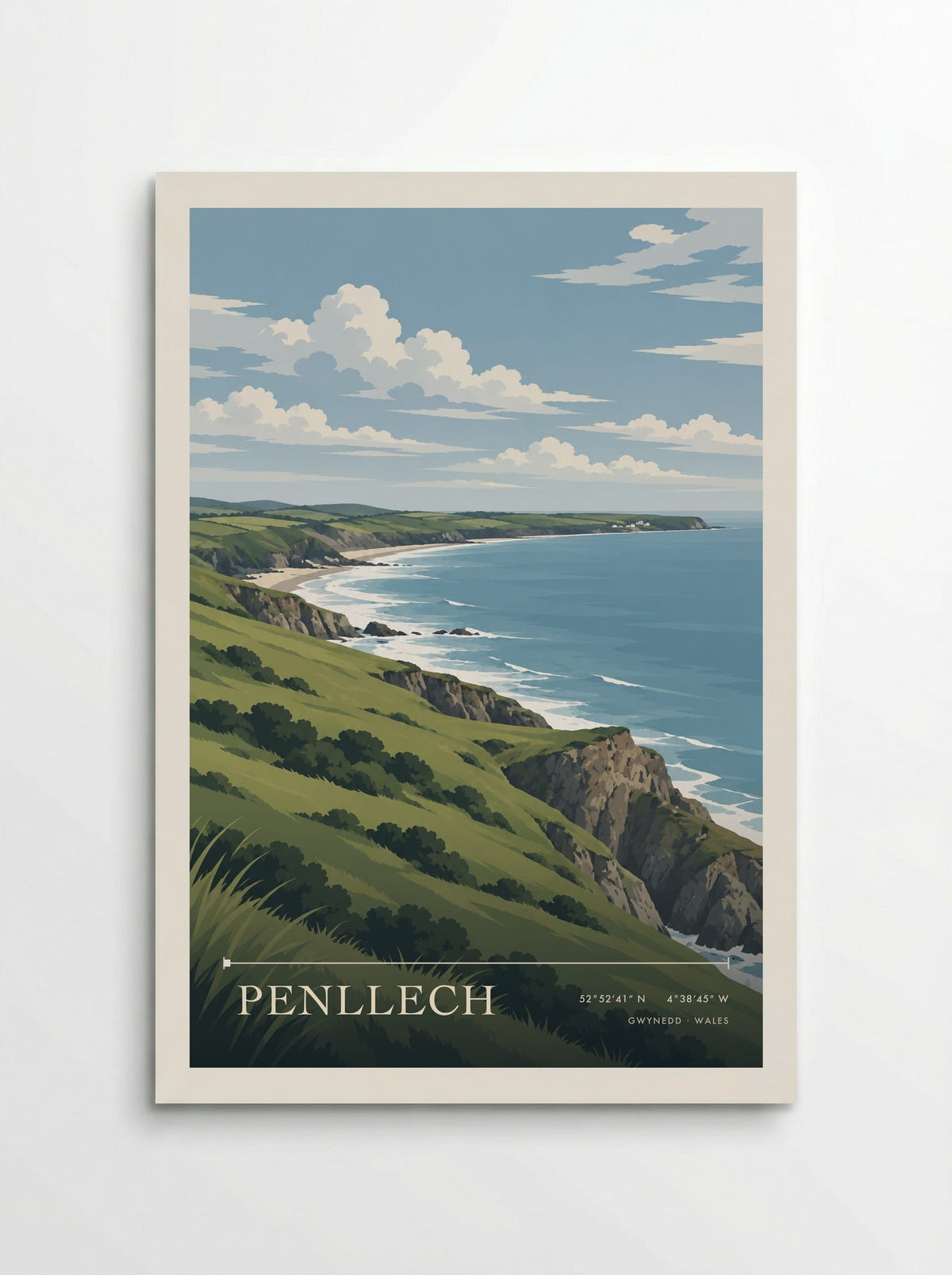 Penllech, Gwynedd travel poster: green clifftops, white surf and a distant sandy beach beside blue summer water