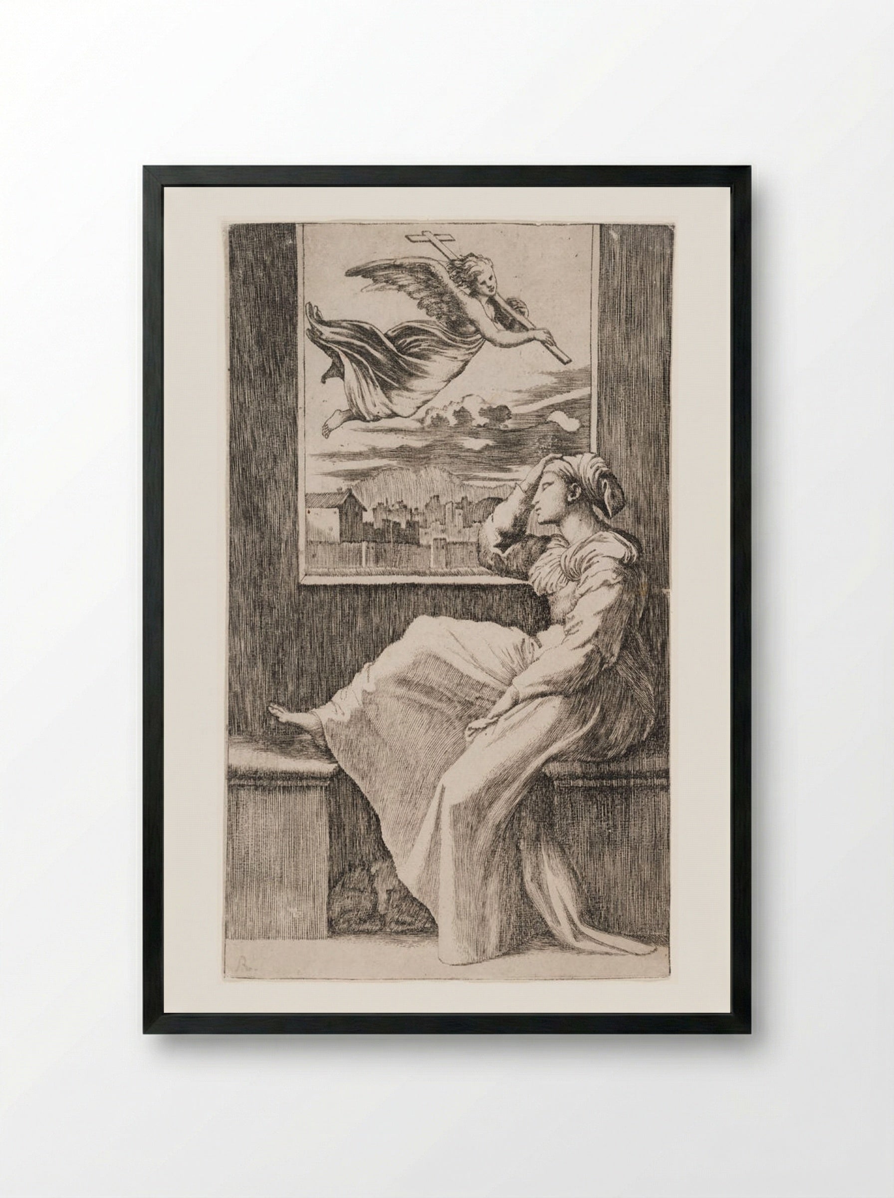 Pensive Woman - Marcantonio Raimondi - Framed Print Black