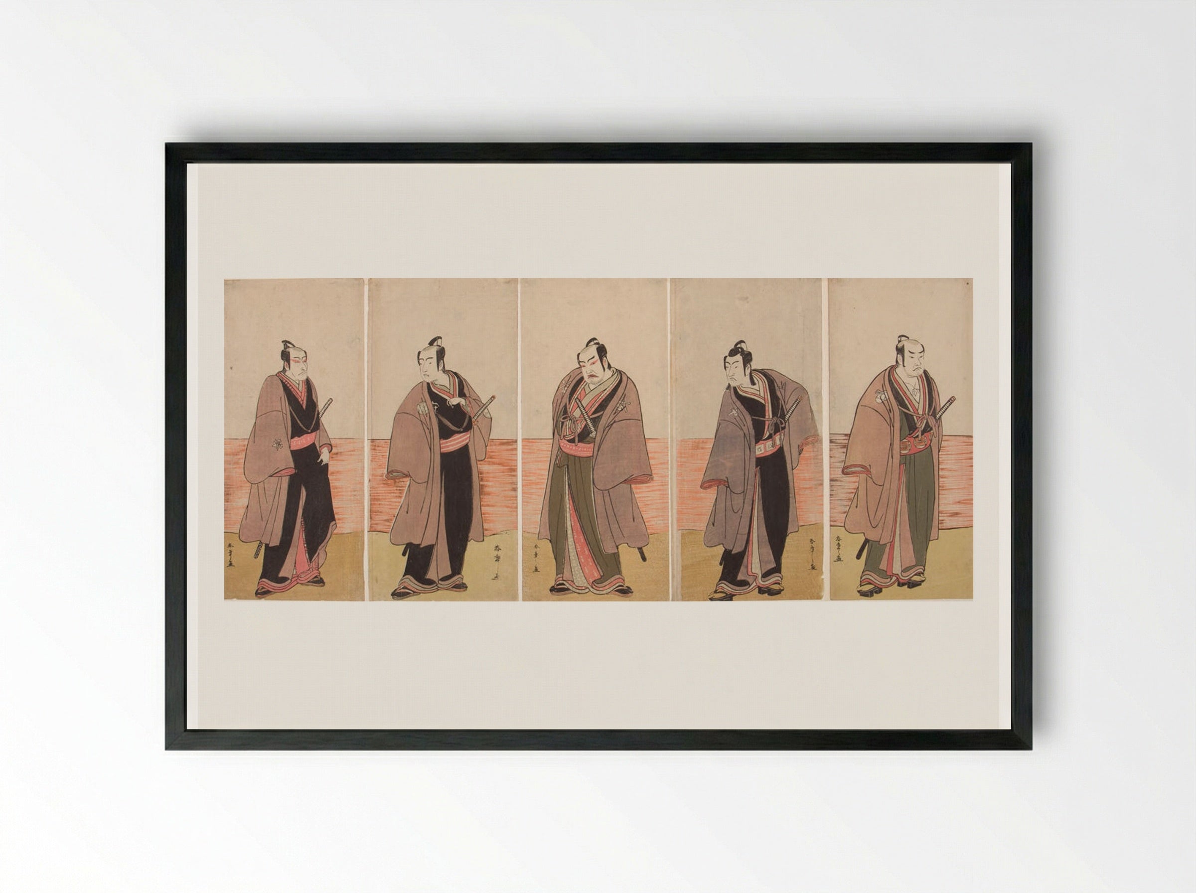 Pentaptych: Kabuki Actors from the play Hatsumombi Kuruwa Soga - Katsukawa Shunshō - Framed Print Black