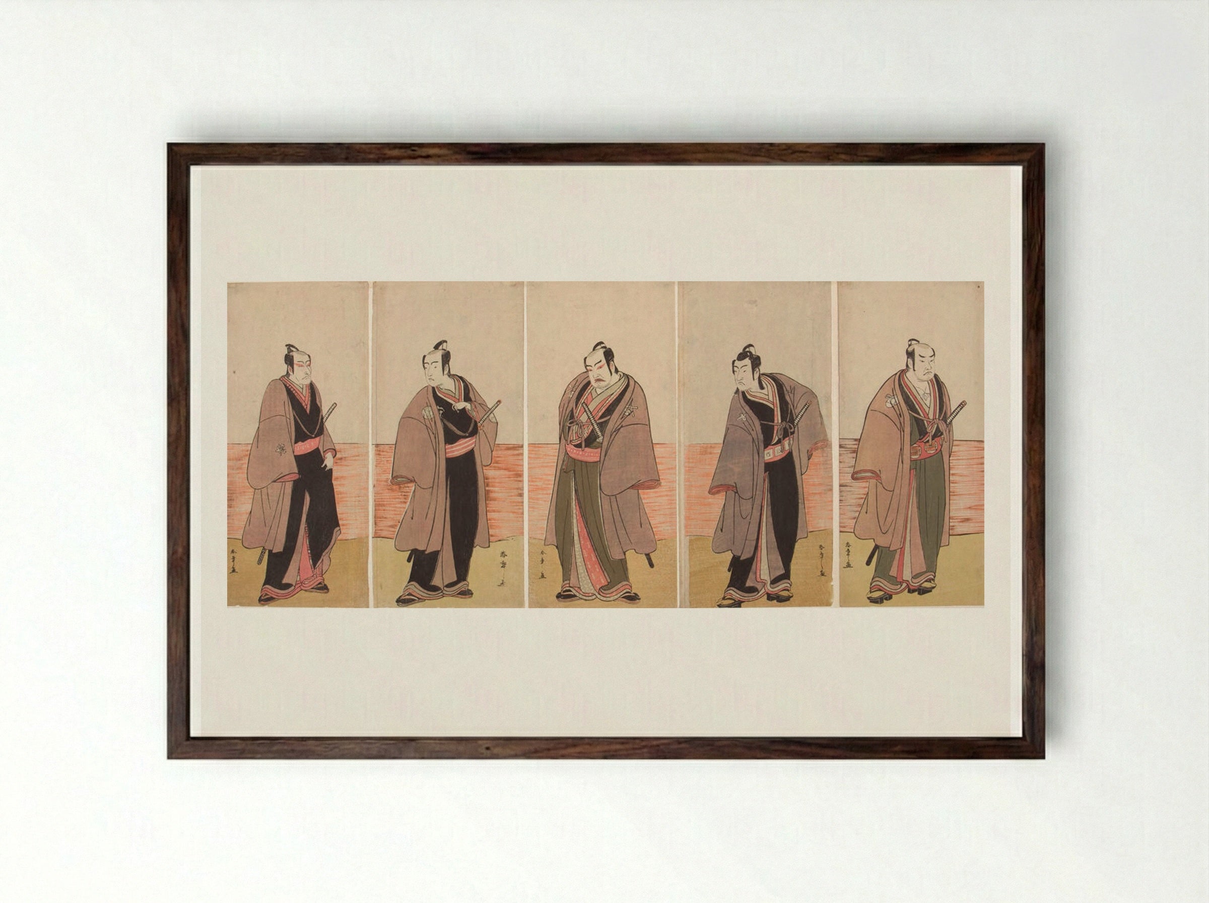 Pentaptych: Kabuki Actors from the play Hatsumombi Kuruwa Soga - Katsukawa Shunshō - Framed Print Dark Wood