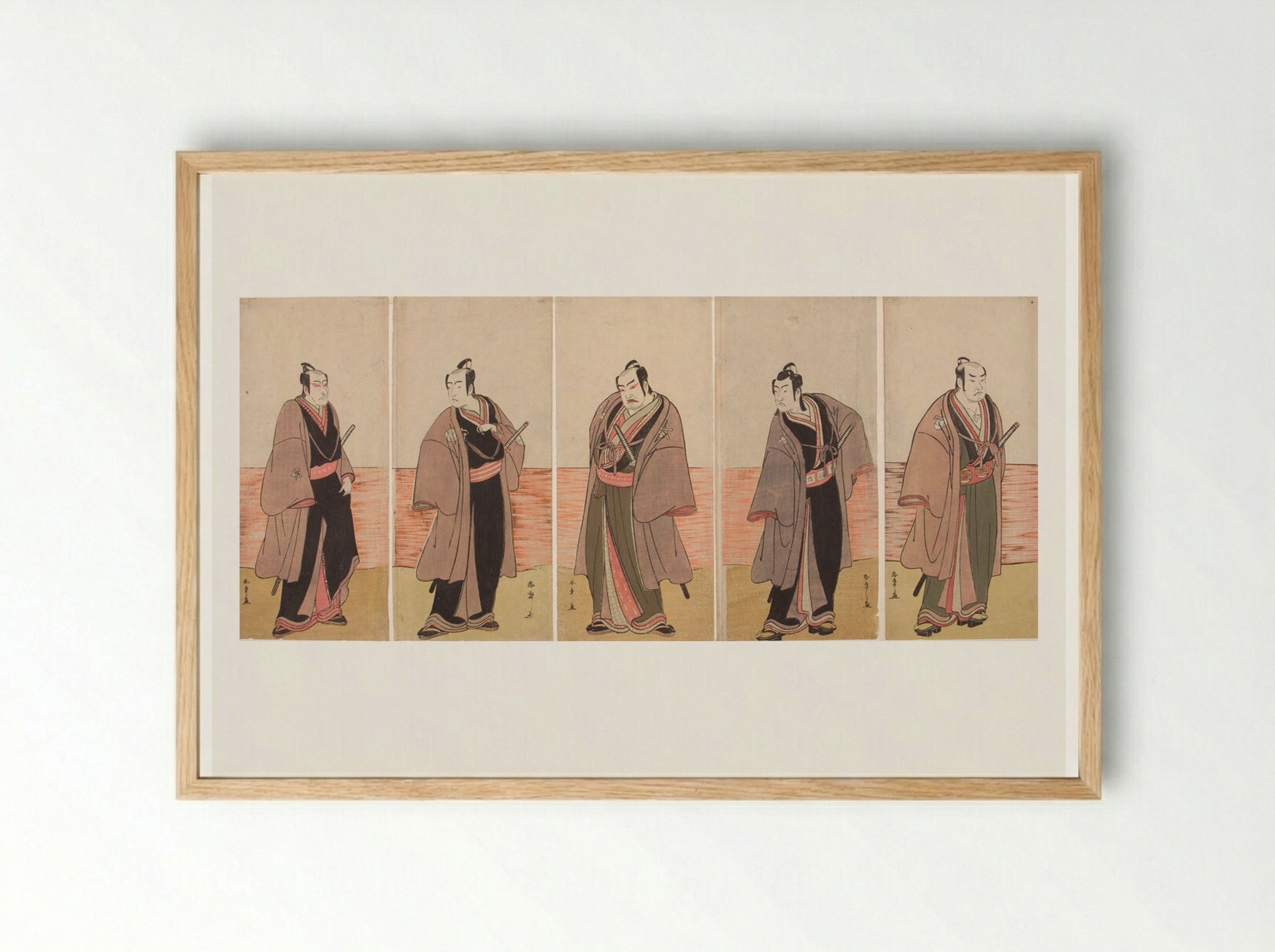 Pentaptych: Kabuki Actors from the play Hatsumombi Kuruwa Soga - Katsukawa Shunshō - Framed Print Wood