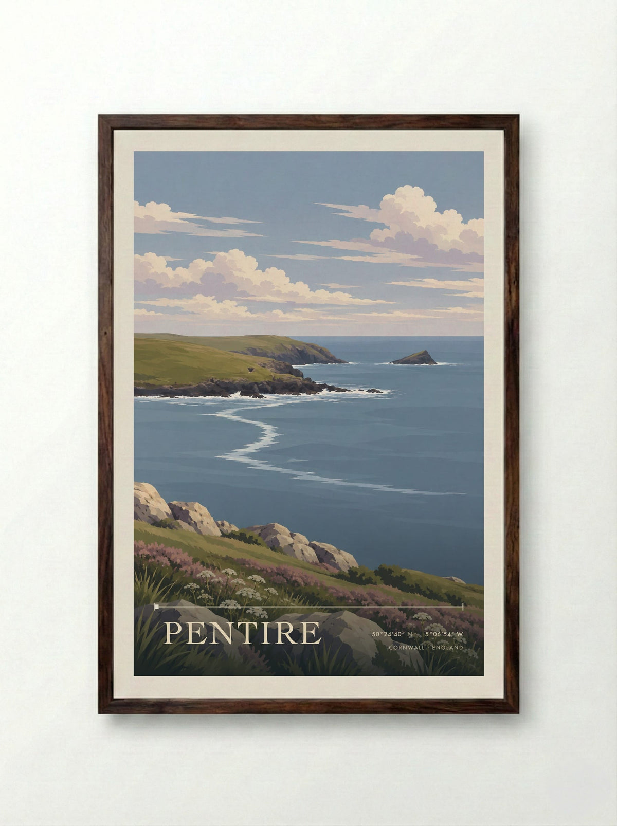 Pentire, Cornwall | Travel Poster - Framed Print Dark Wood