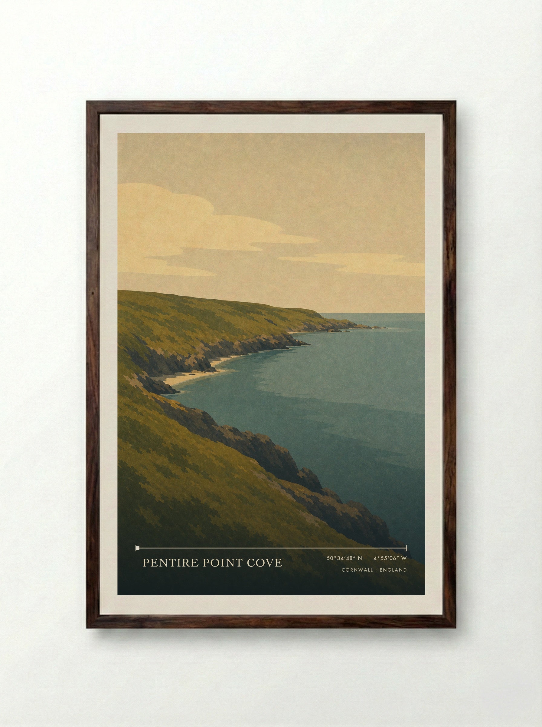 Pentire Point Cove Cornwall England Travel Poster - Framed Print Dark Wood