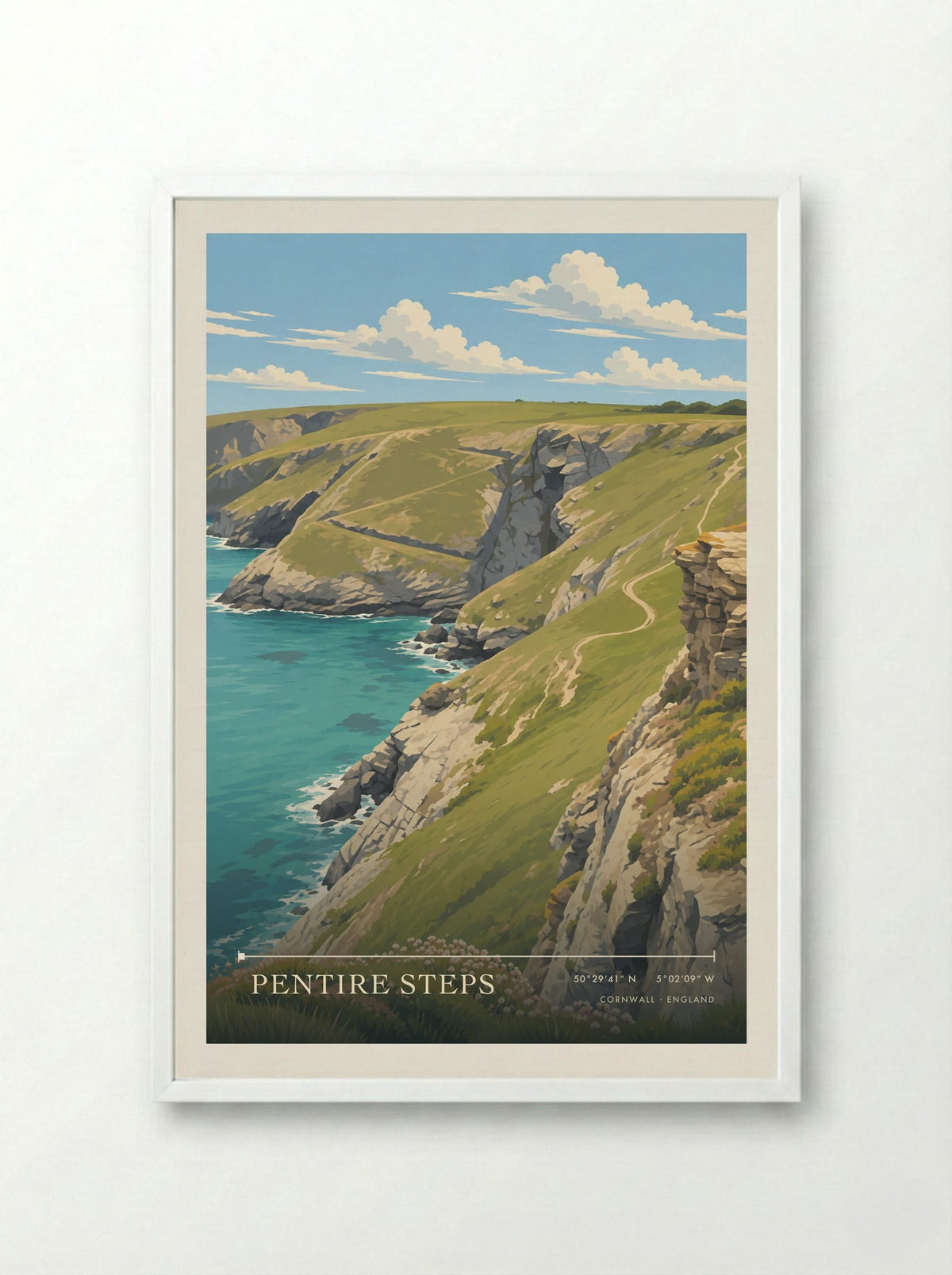 Pentire Steps, Cornwall | Travel Poster - Framed Print White