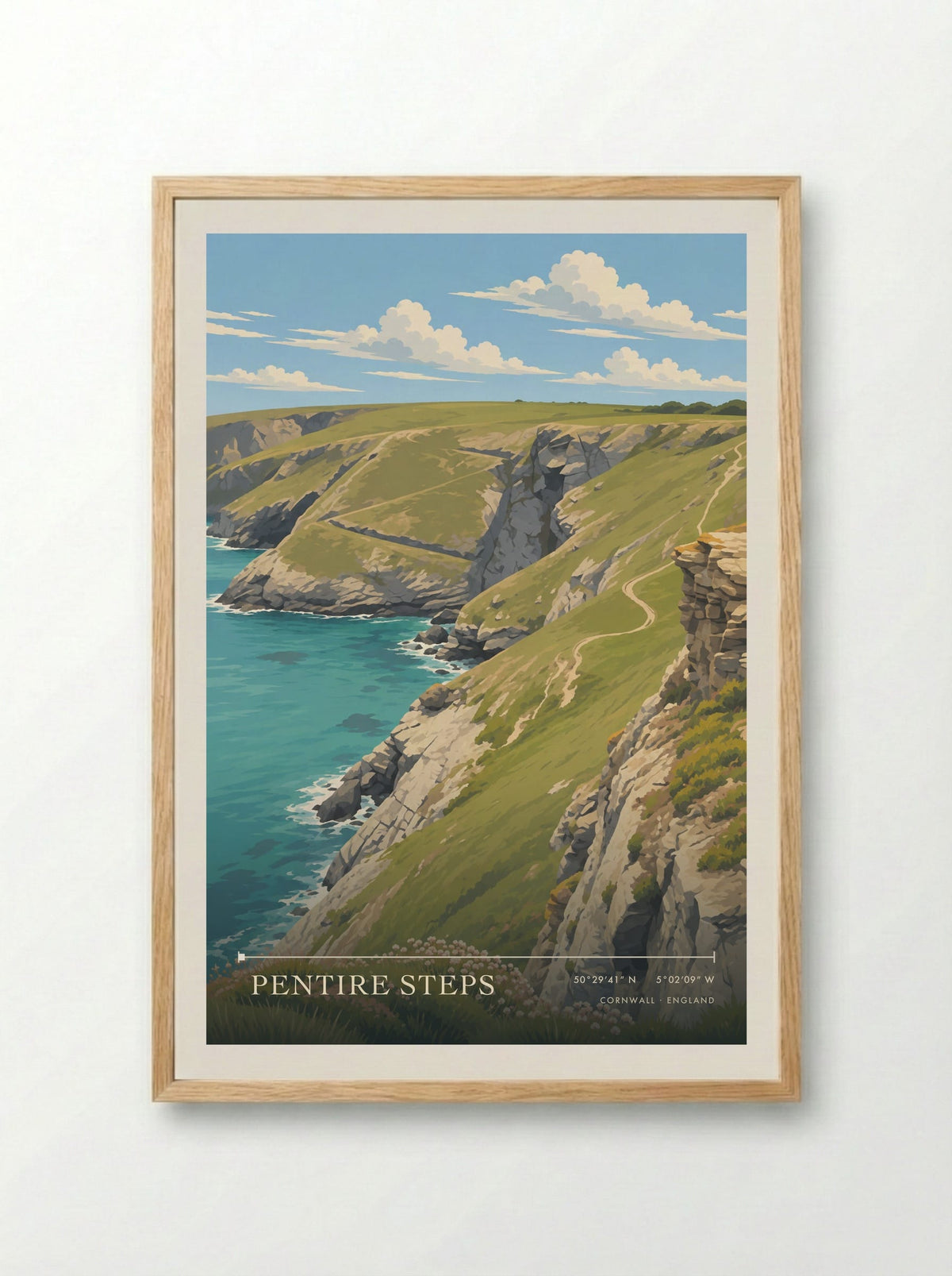 Pentire Steps, Cornwall | Travel Poster - Framed Print Wood