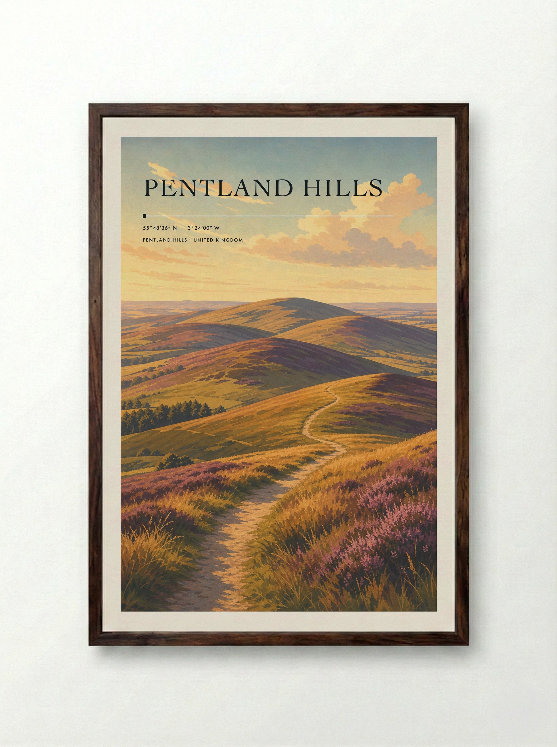 Pentland Hills United Kingdom Travel Poster - Framed Print Dark Wood