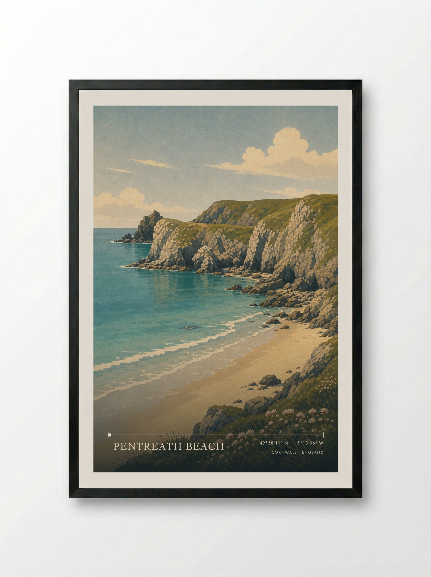 Pentreath Beach Cornwall England Travel Poster - Framed Print Black
