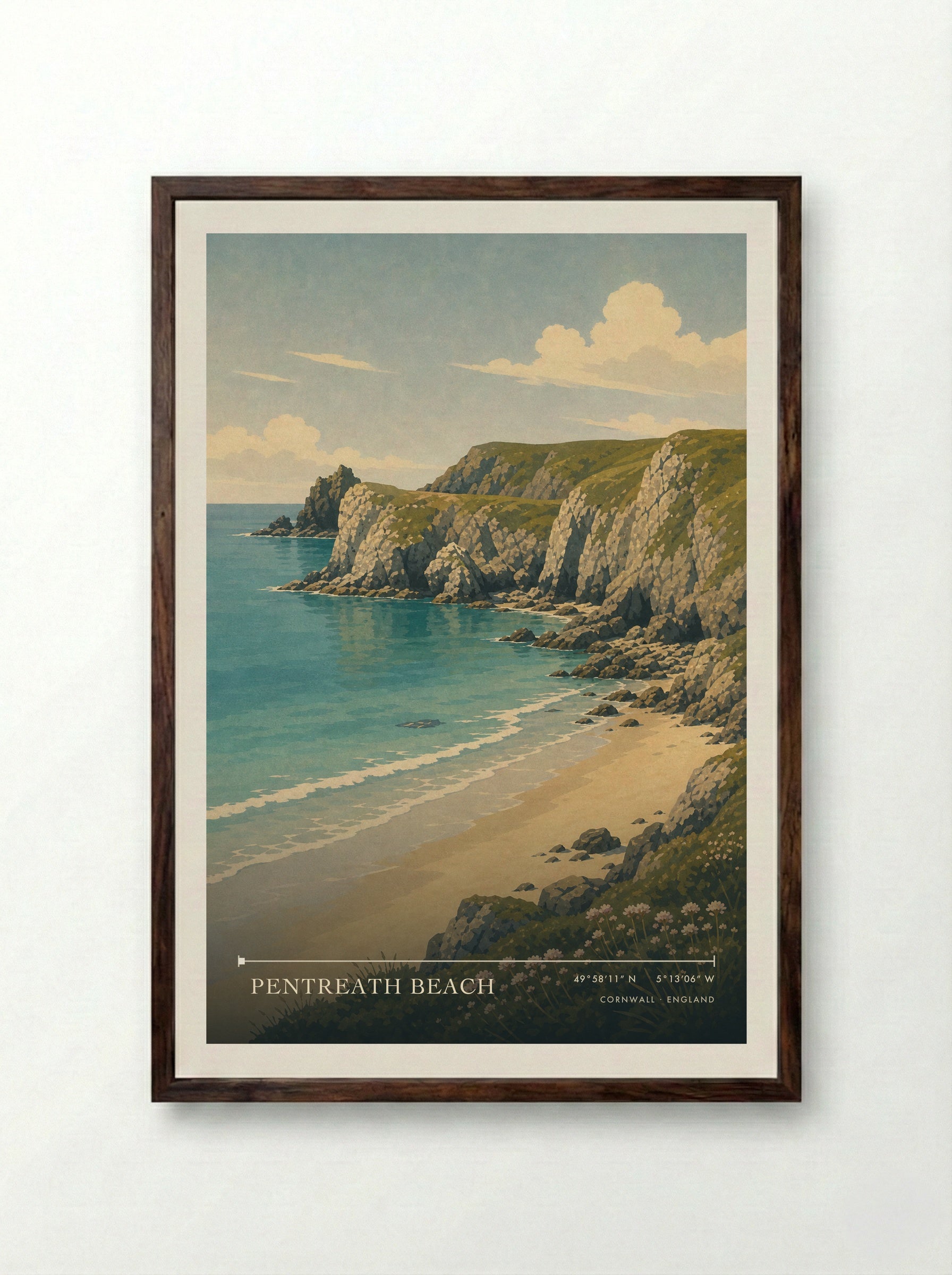 Pentreath Beach Cornwall England Travel Poster - Framed Print Dark Wood