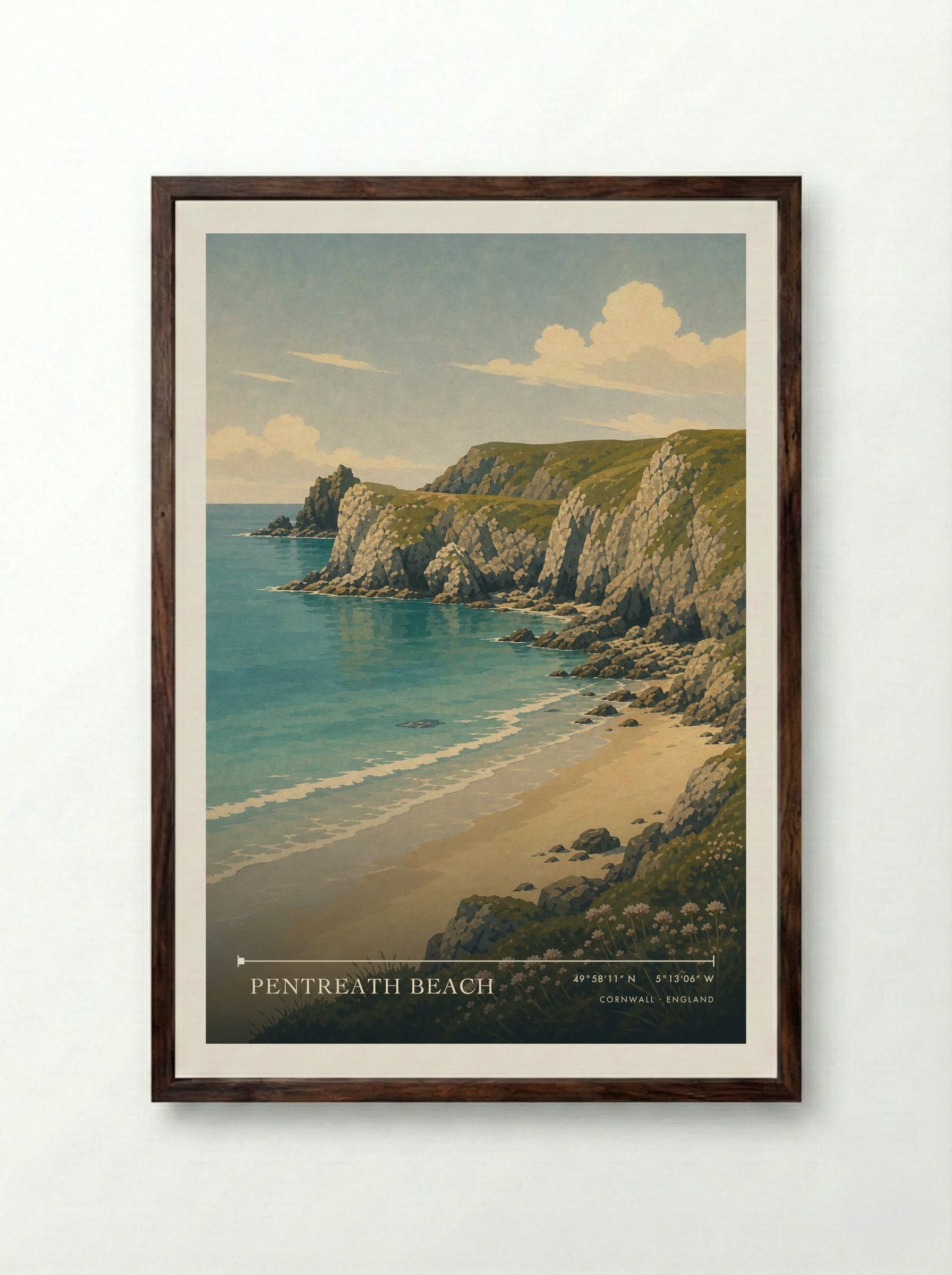 Pentreath Beach Cornwall England Travel Poster - Framed Print Dark Wood