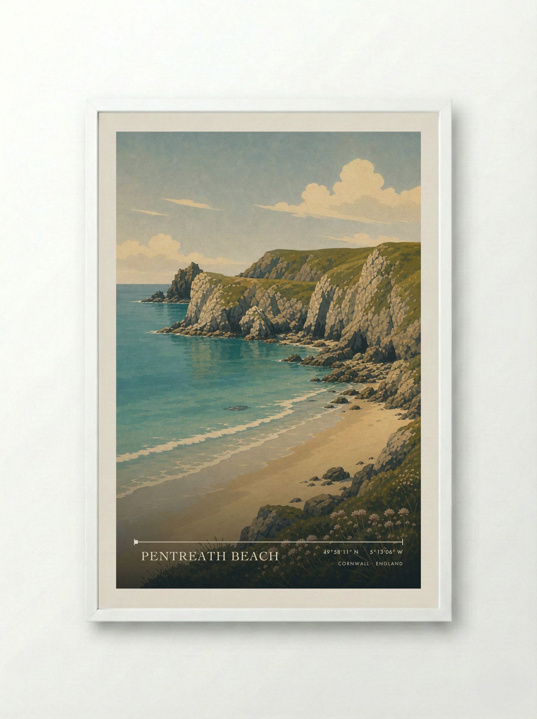 Pentreath Beach Cornwall England Travel Poster - Framed Print White
