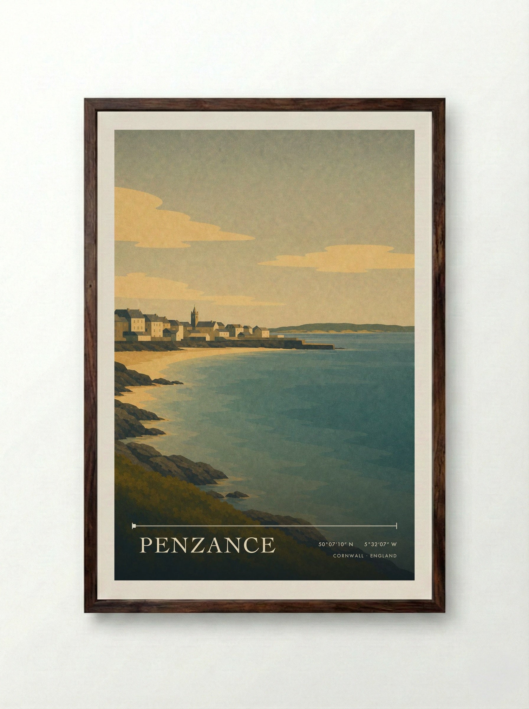 Penzance Cornwall England Travel Poster - Framed Print Dark Wood