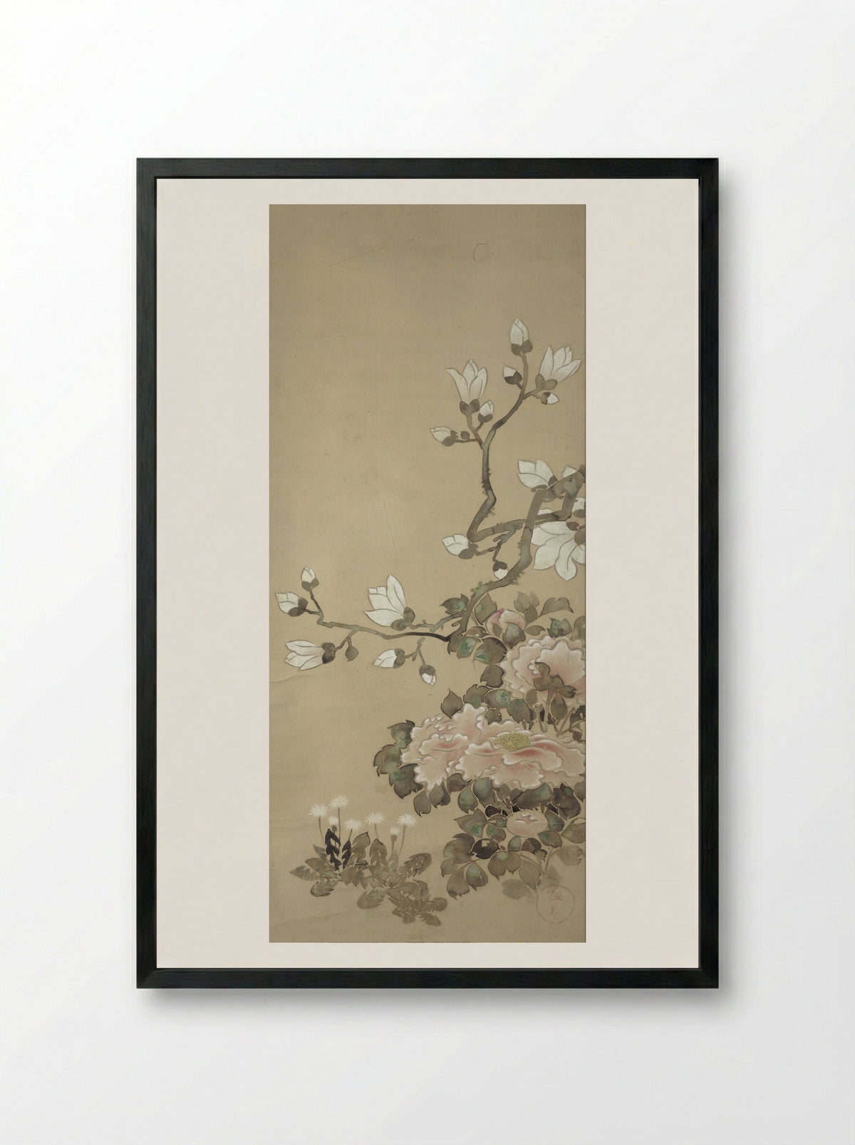 Peonies, Magnolia, and Dandelions - Tawaraya Sôtatsu - Framed Print Black