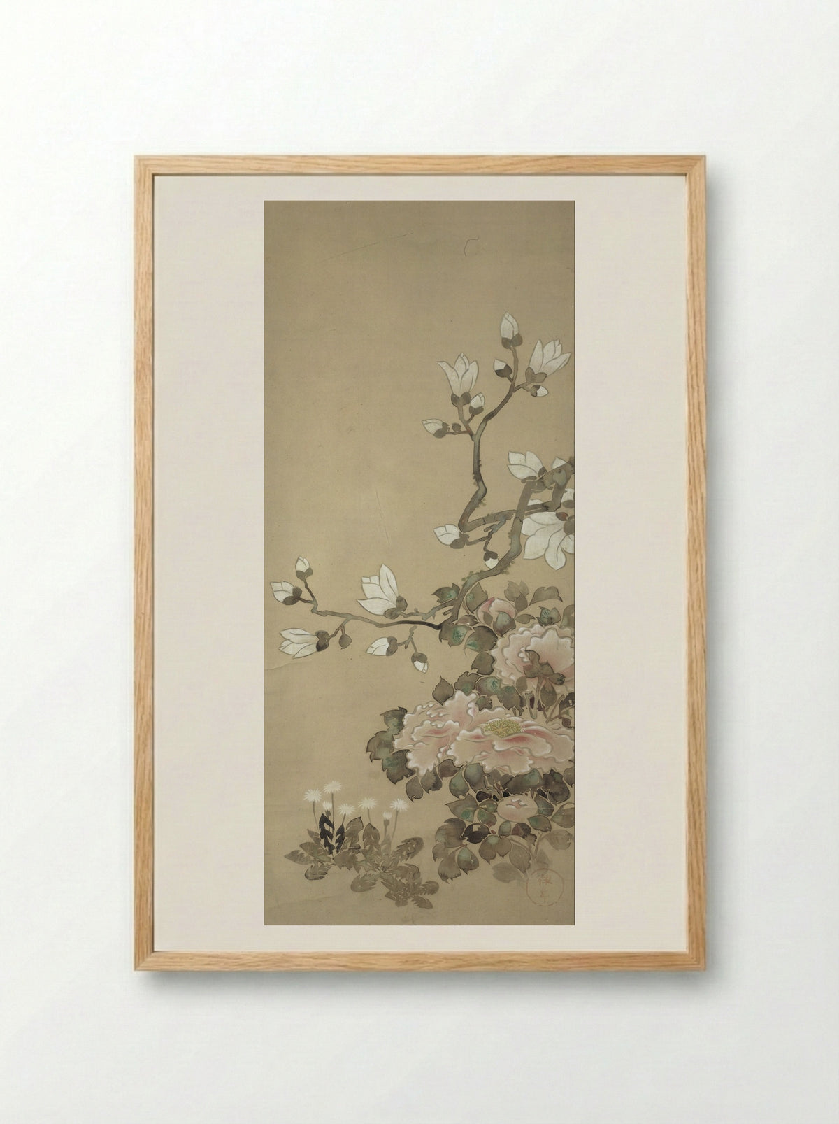 Peonies, Magnolia, and Dandelions - Tawaraya Sôtatsu - Framed Print Wood