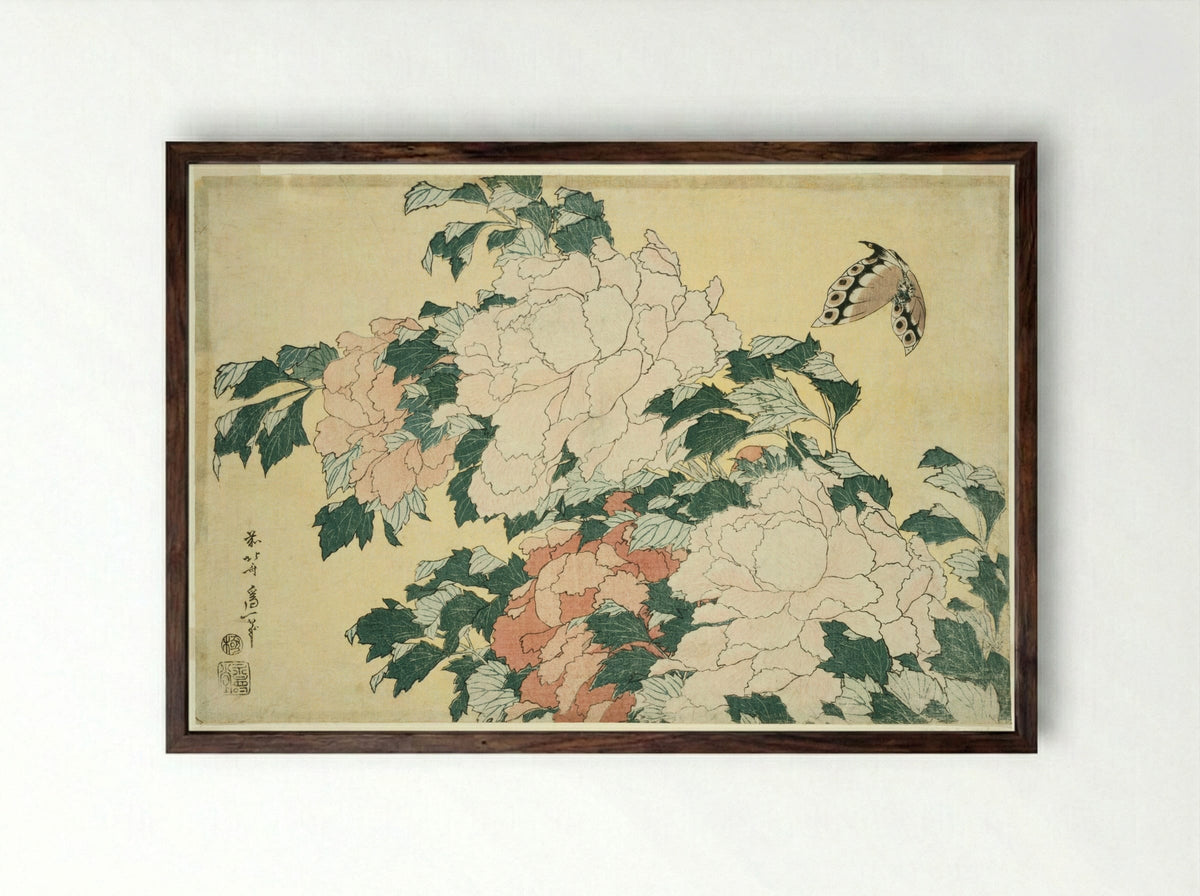 Peonies and Butterfly - Katsushika Hokusai - Framed Print Dark Wood