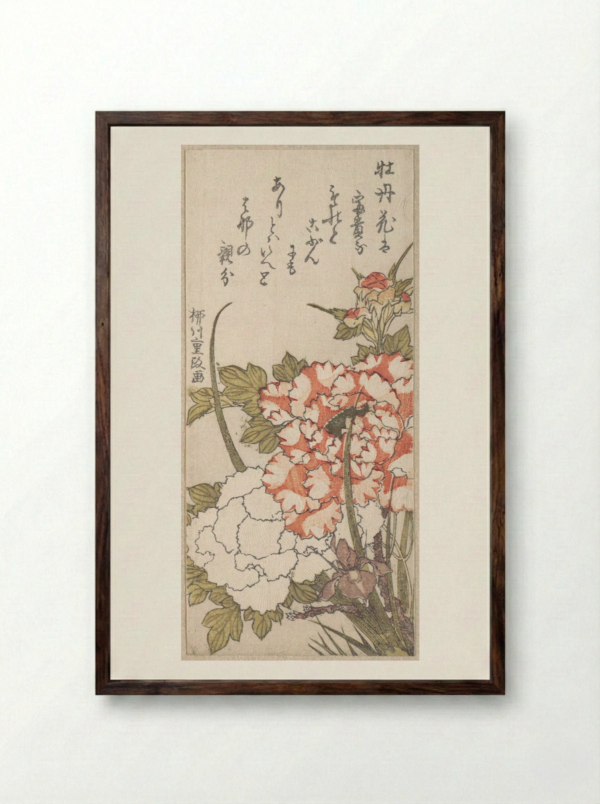 Peonies and Iris - Yanagawa Shigemasa - Framed Print Dark Wood